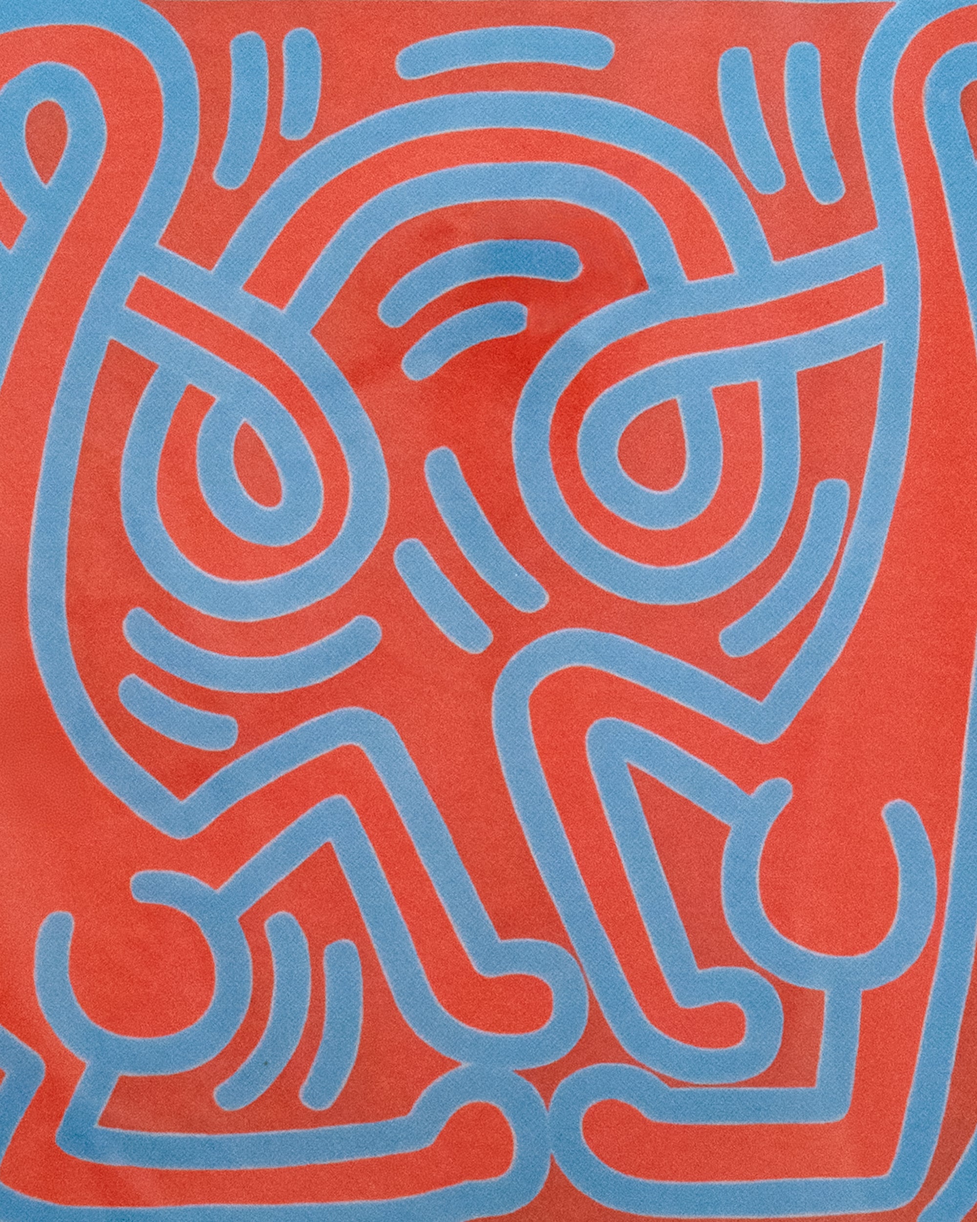 Abstract artwork with blue lines on a red background