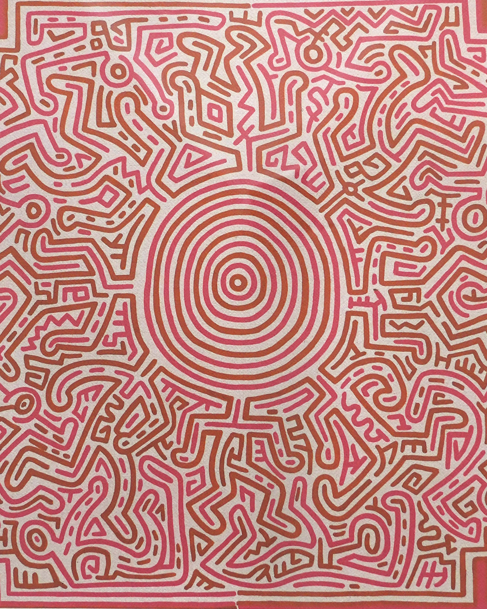 Abstract pattern with concentric circles and zigzag lines in pink and brown on a pink background