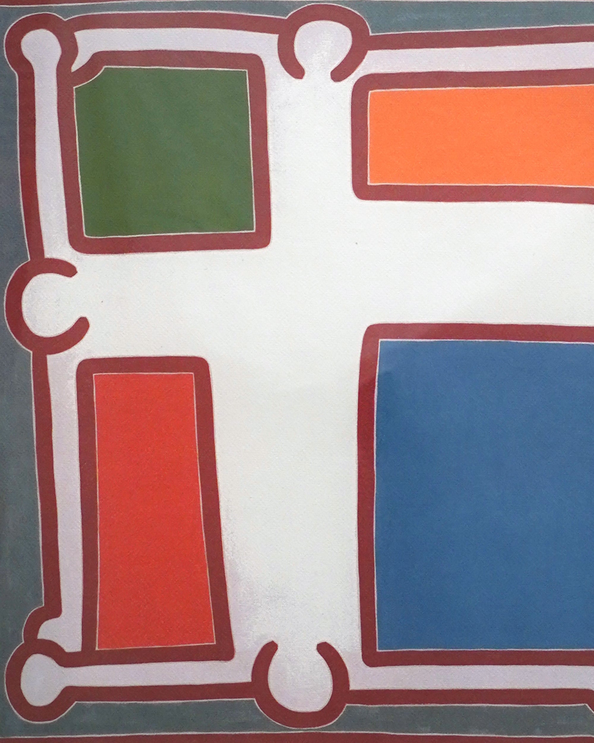 Geometric design with colorful squares inside a decorative border on a gray background