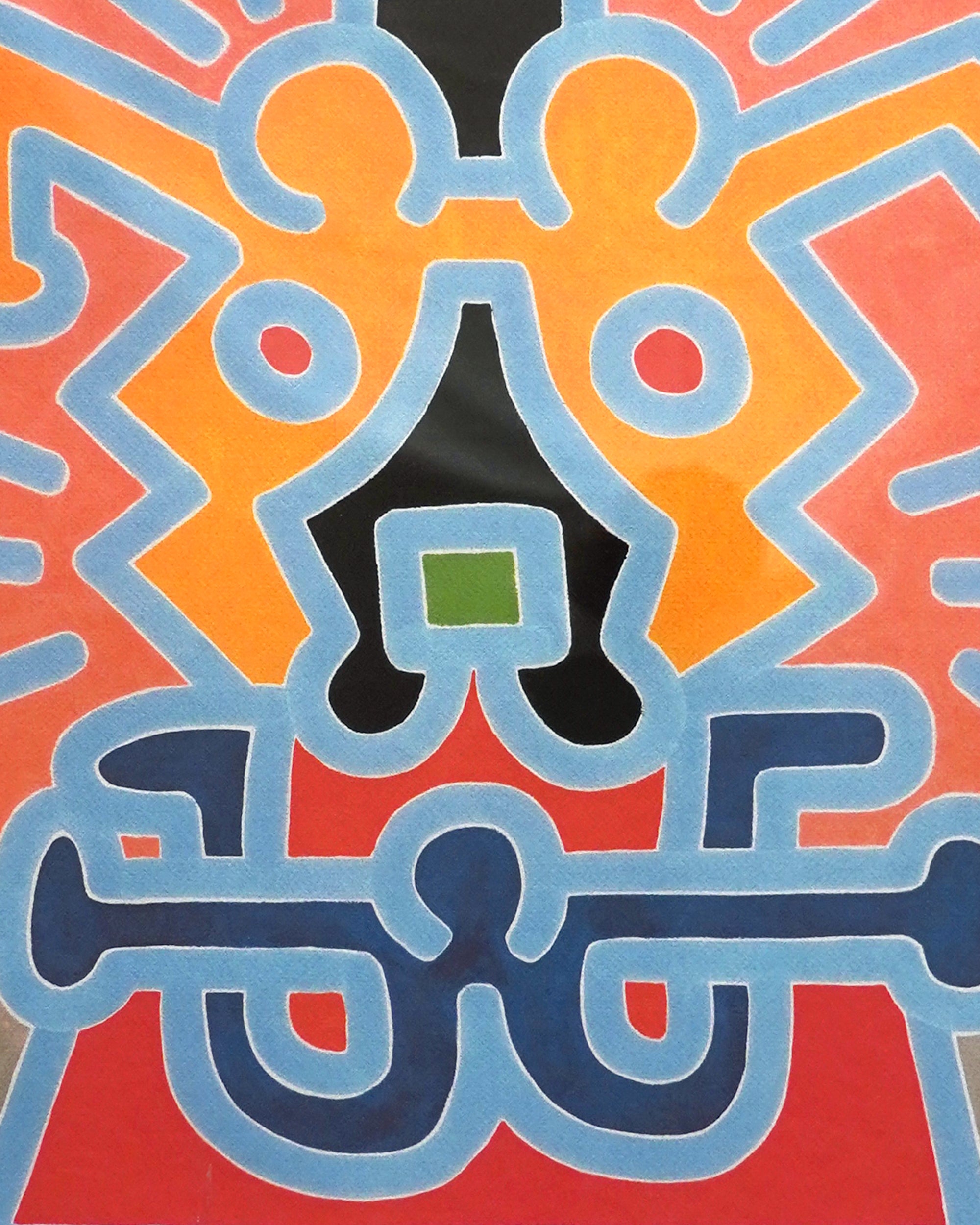 Abstract art with geometric shapes and vibrant colors on a red background