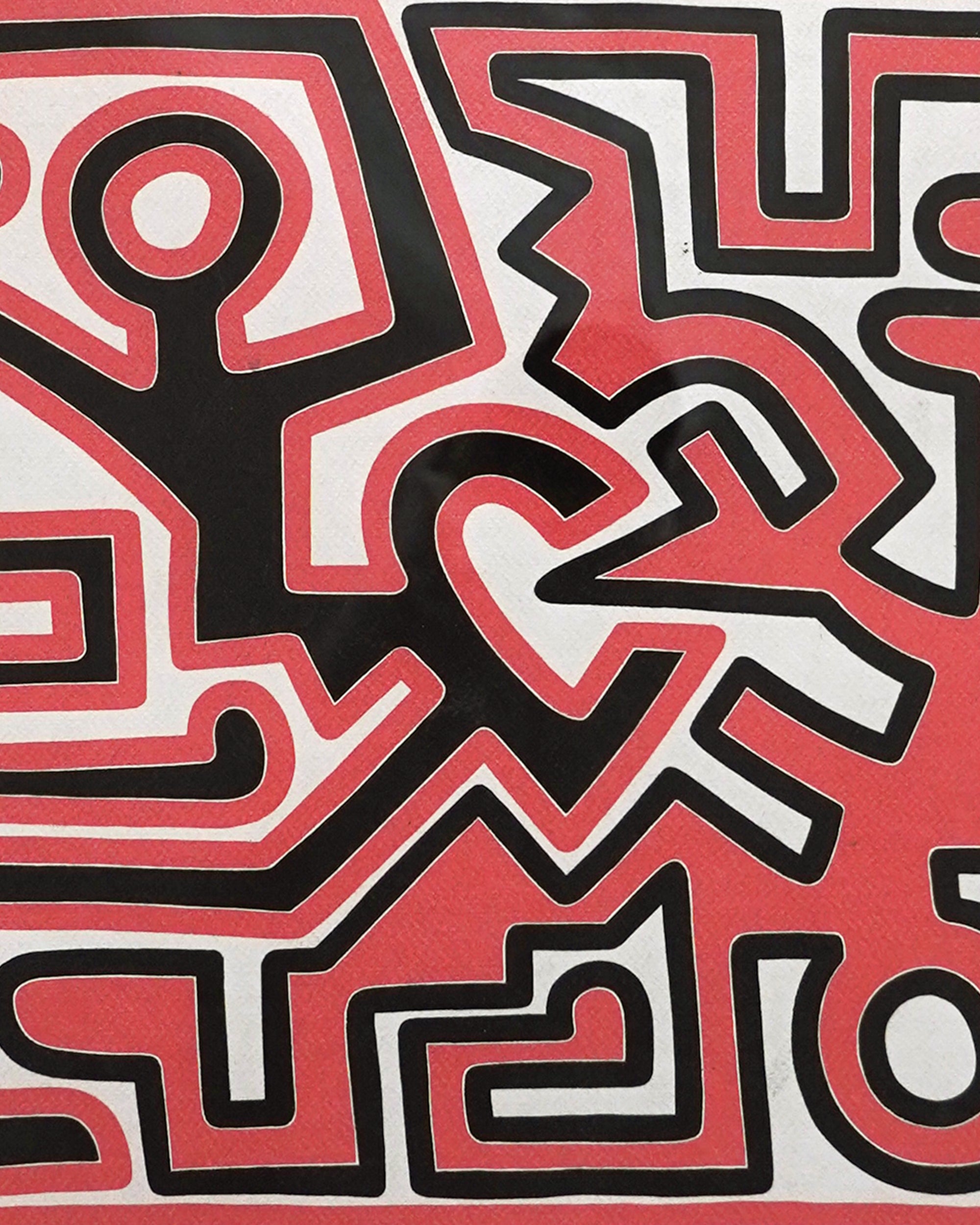 Abstract pattern with black, red, and white lines on a red background