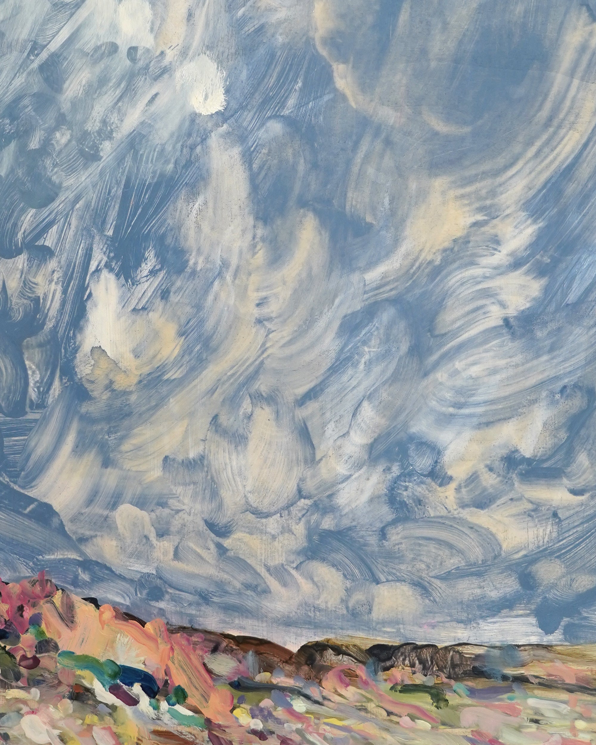 Abstract painting with swirling blue and white patterns at the top, transitioning to colorful landscape at the bottom.