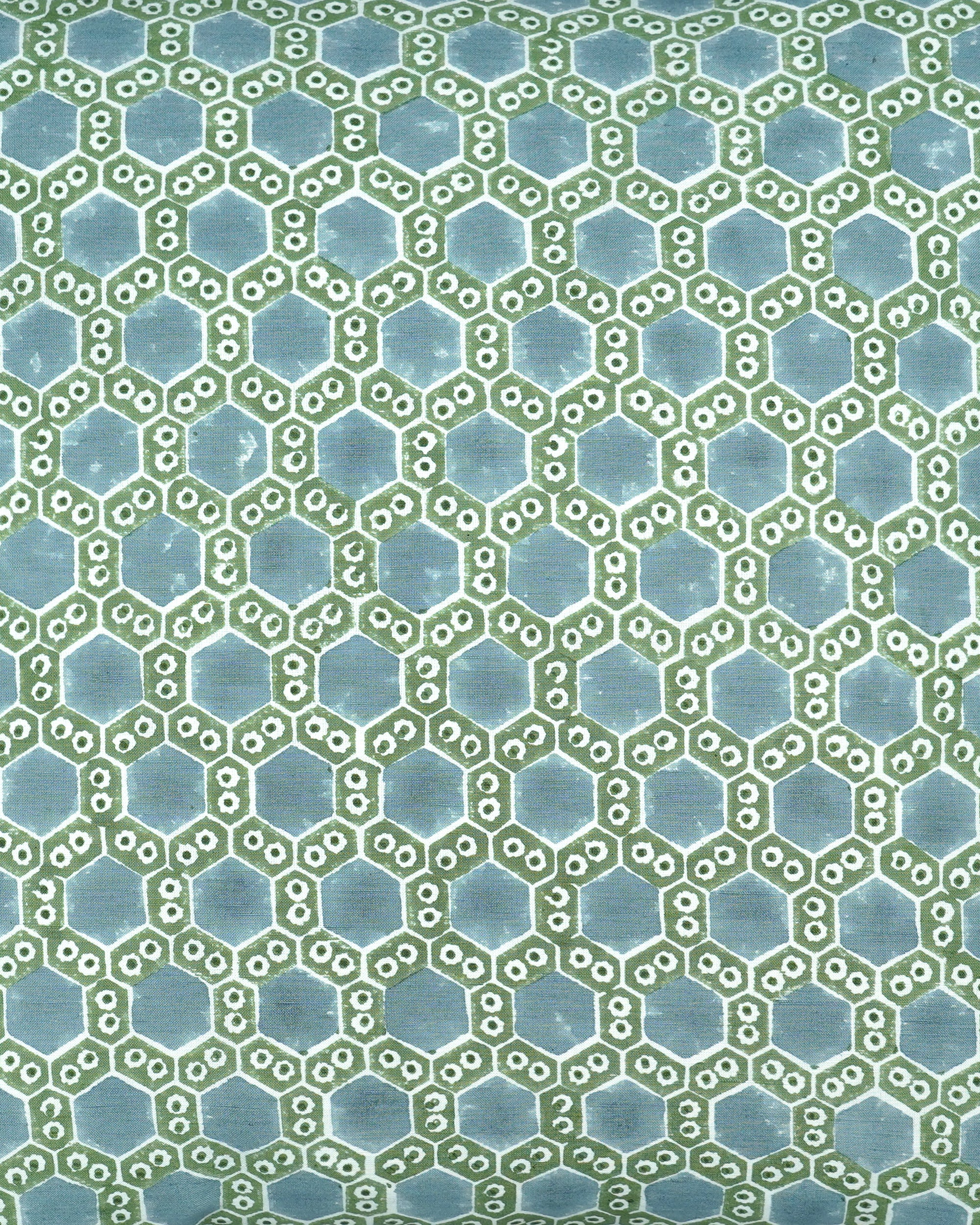 Hexagonal patterned fabric blue and green block printed square cushion
