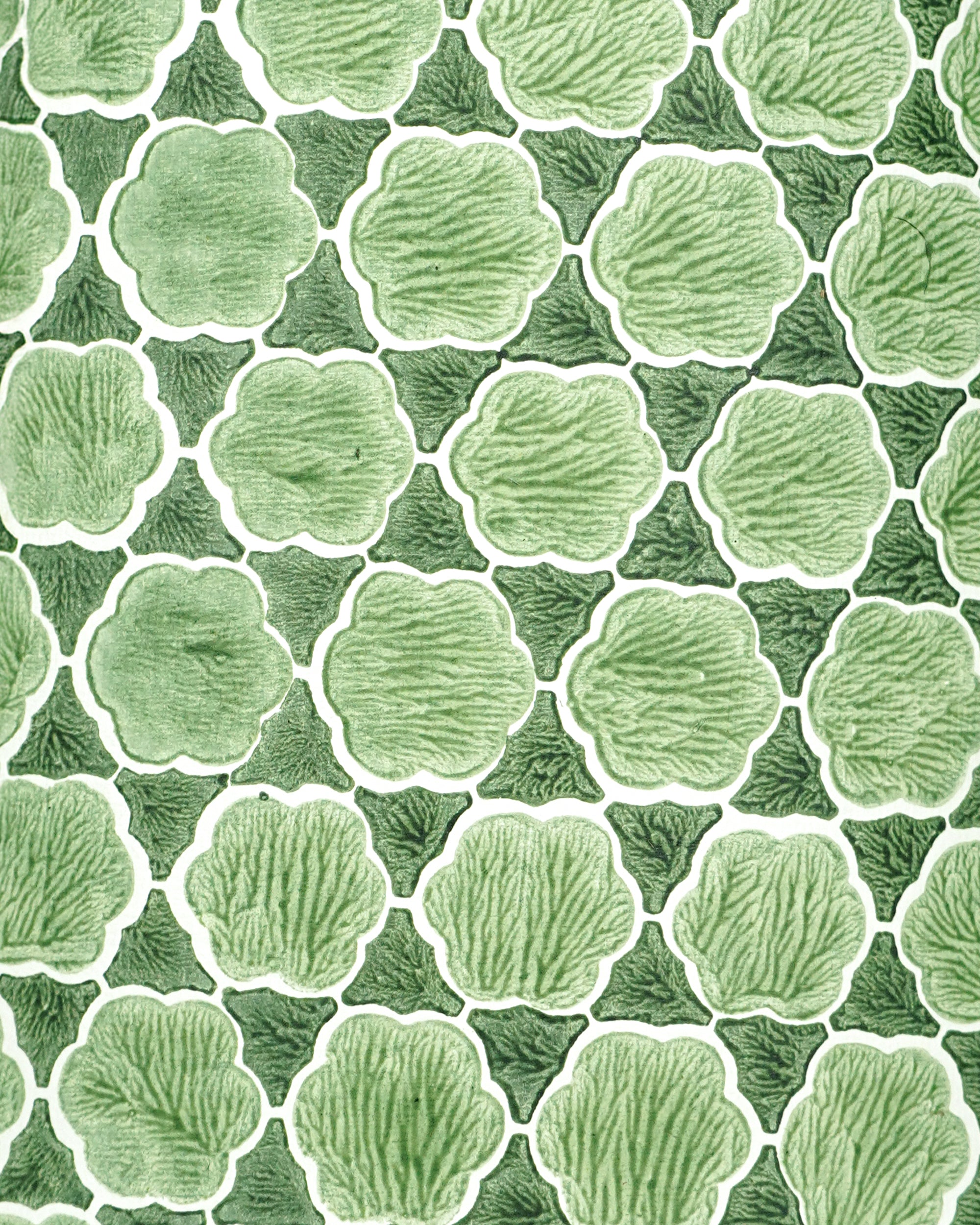 Close up detail of the green scallop paper printed lampshade with a floral geometric pattern