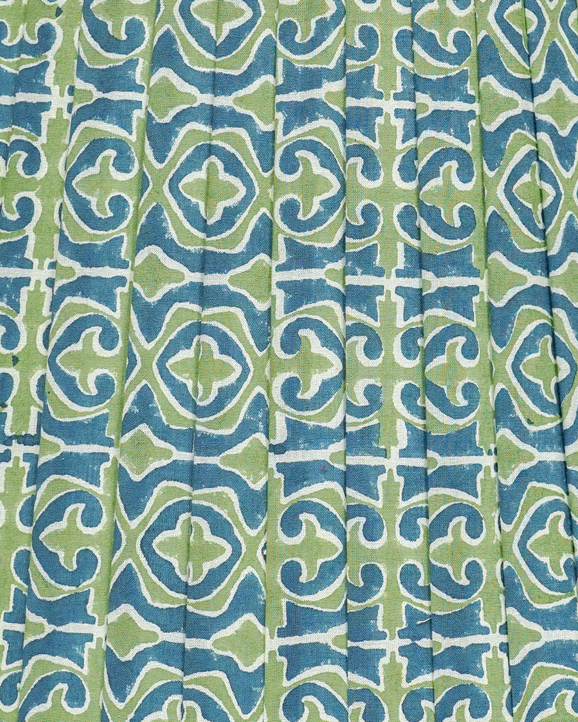 Close up detail image of the blue and green Santa Clara played block printed lampshade