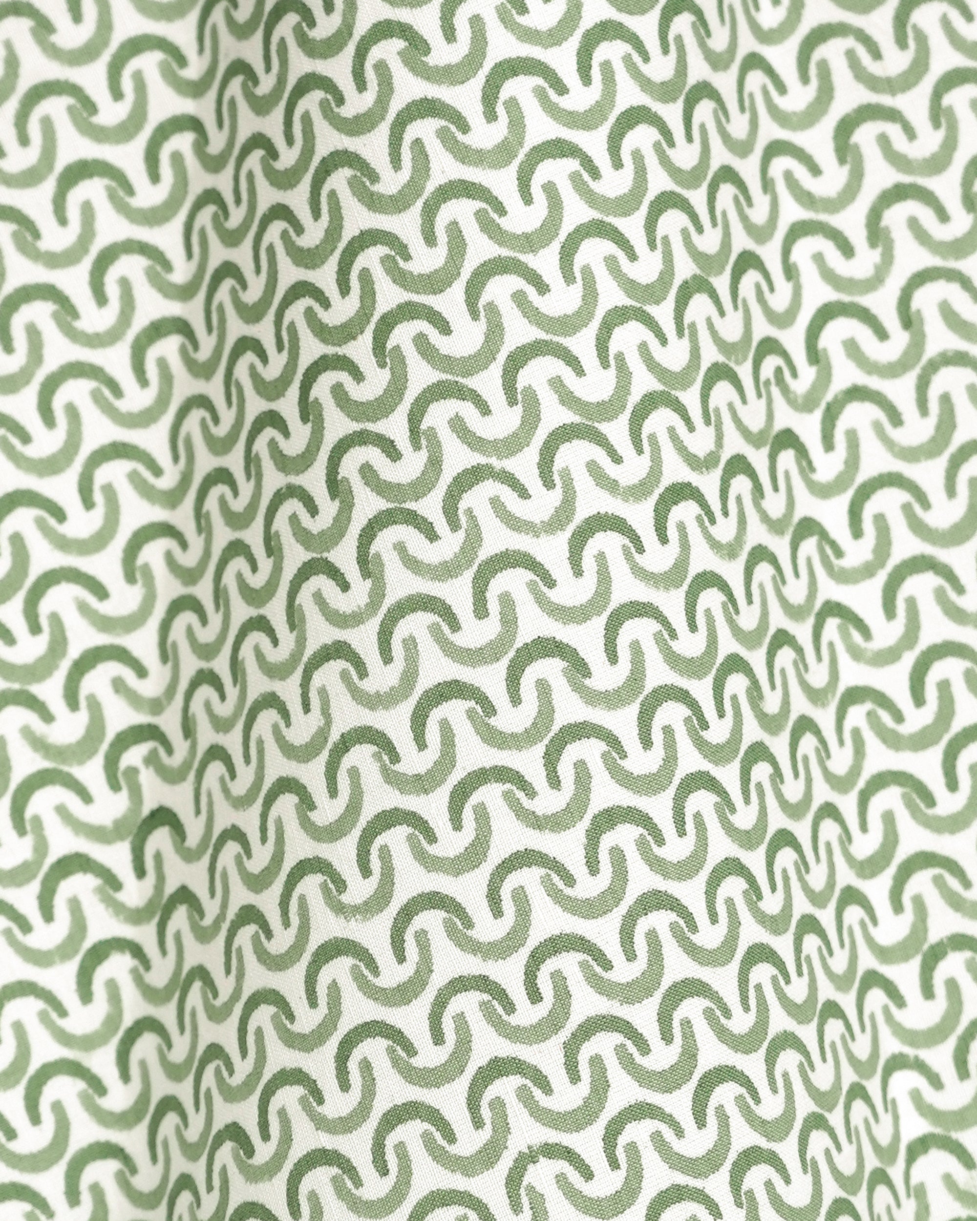 Close up detail image of the green teja block print scalloped lampshade