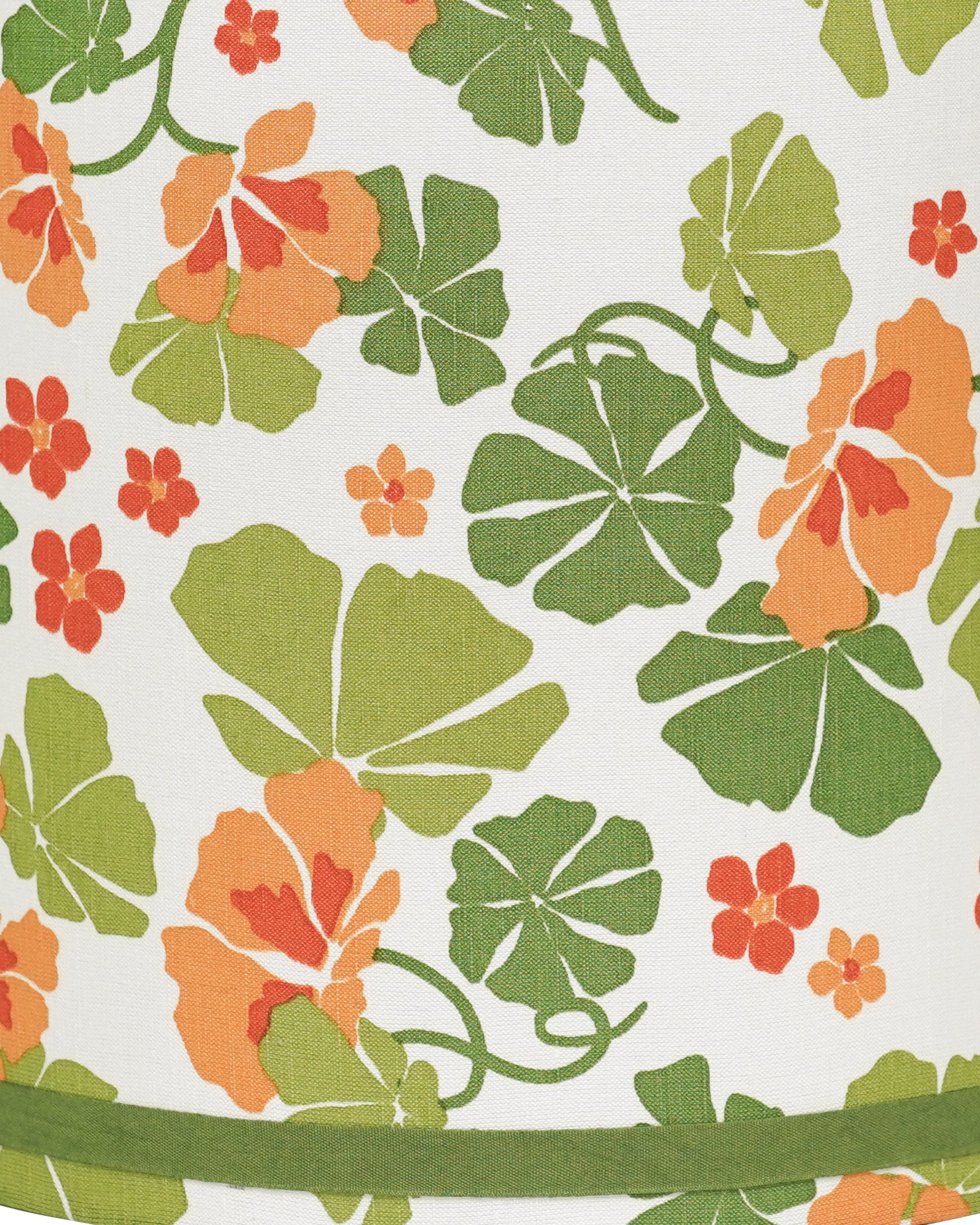 Close up detail image of the green and orange Nasturtium drum shade