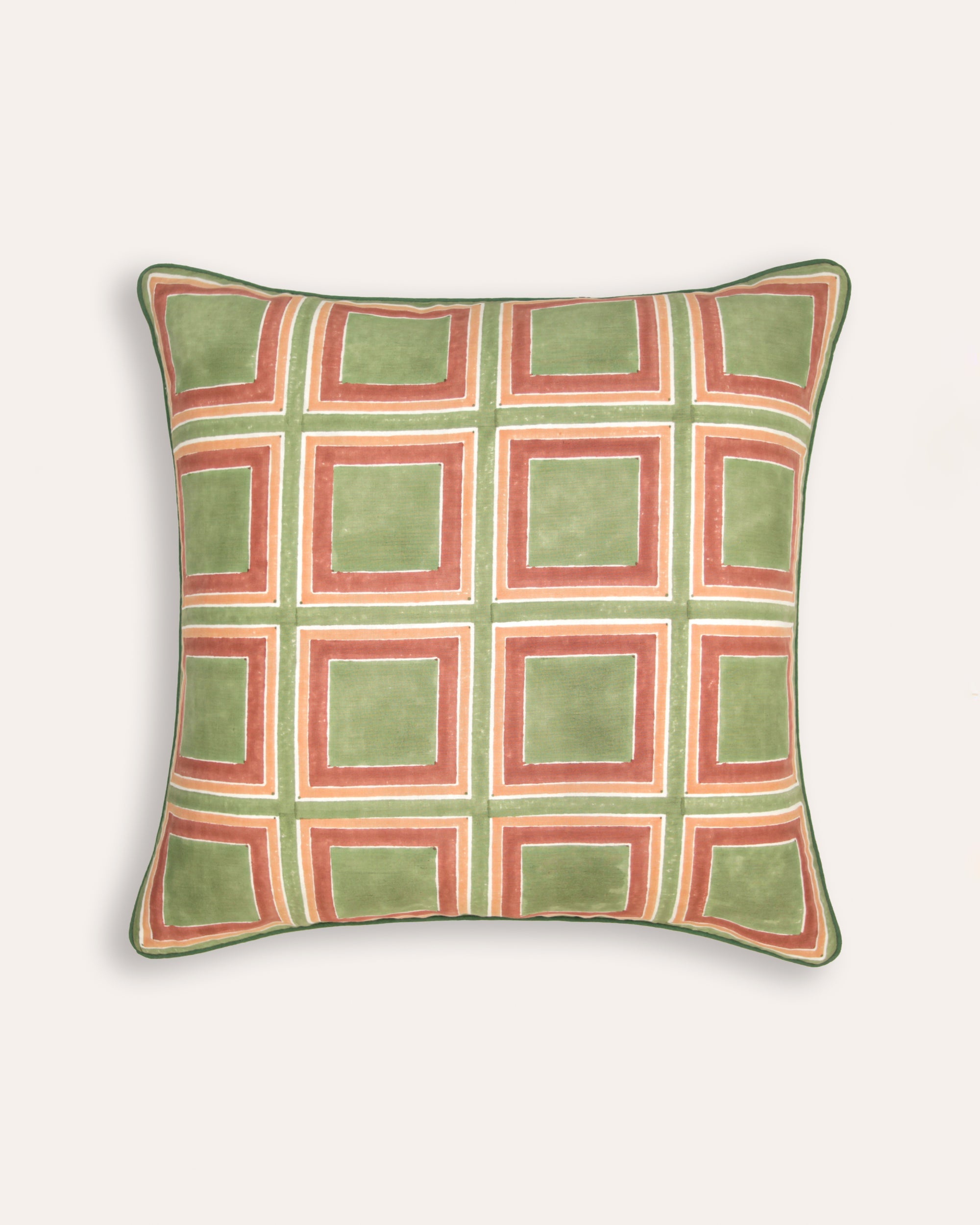 Santa Croce Block Print Cushion - Green with Pink