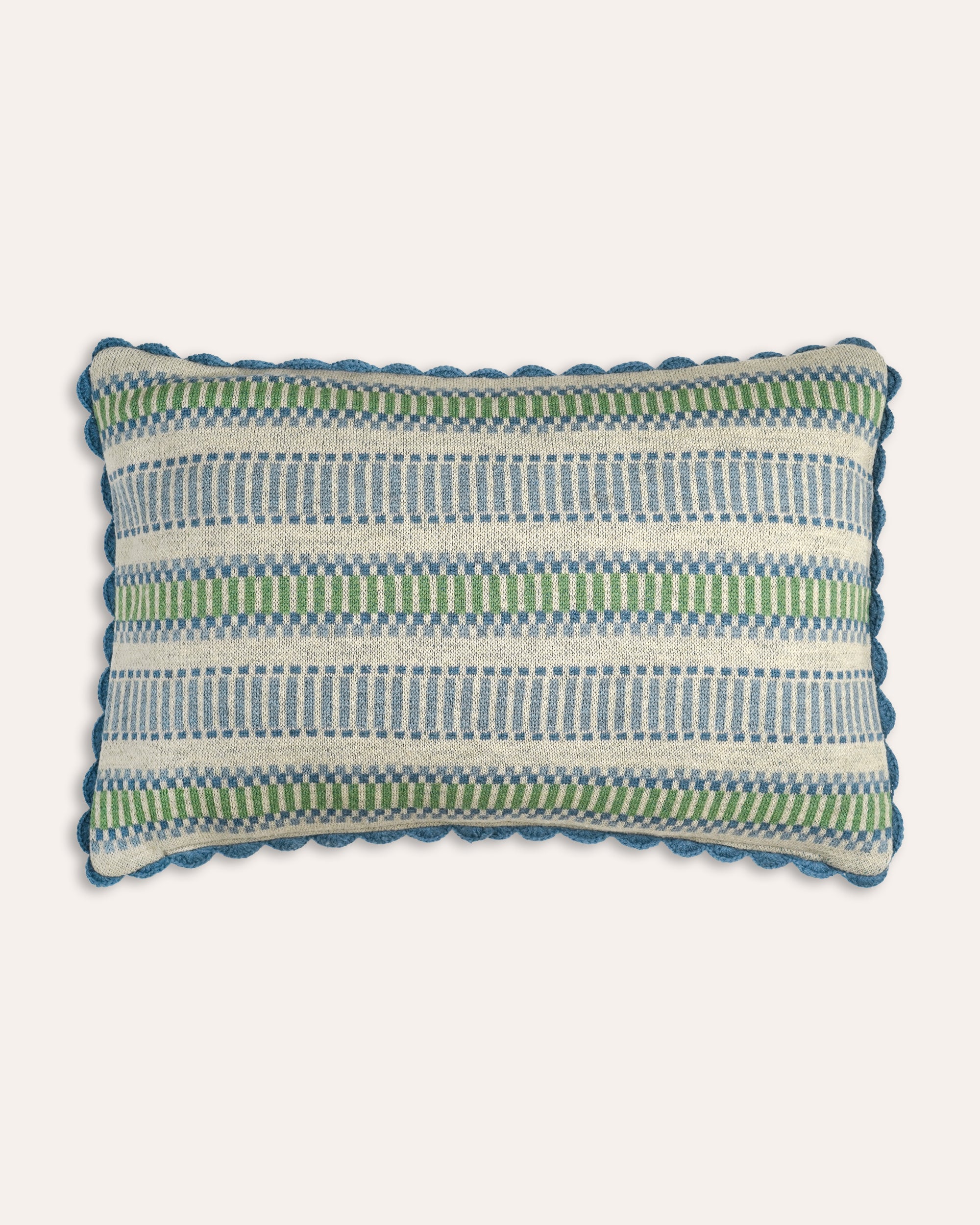 Rectangular cushion with blue and green striped pattern on a white background