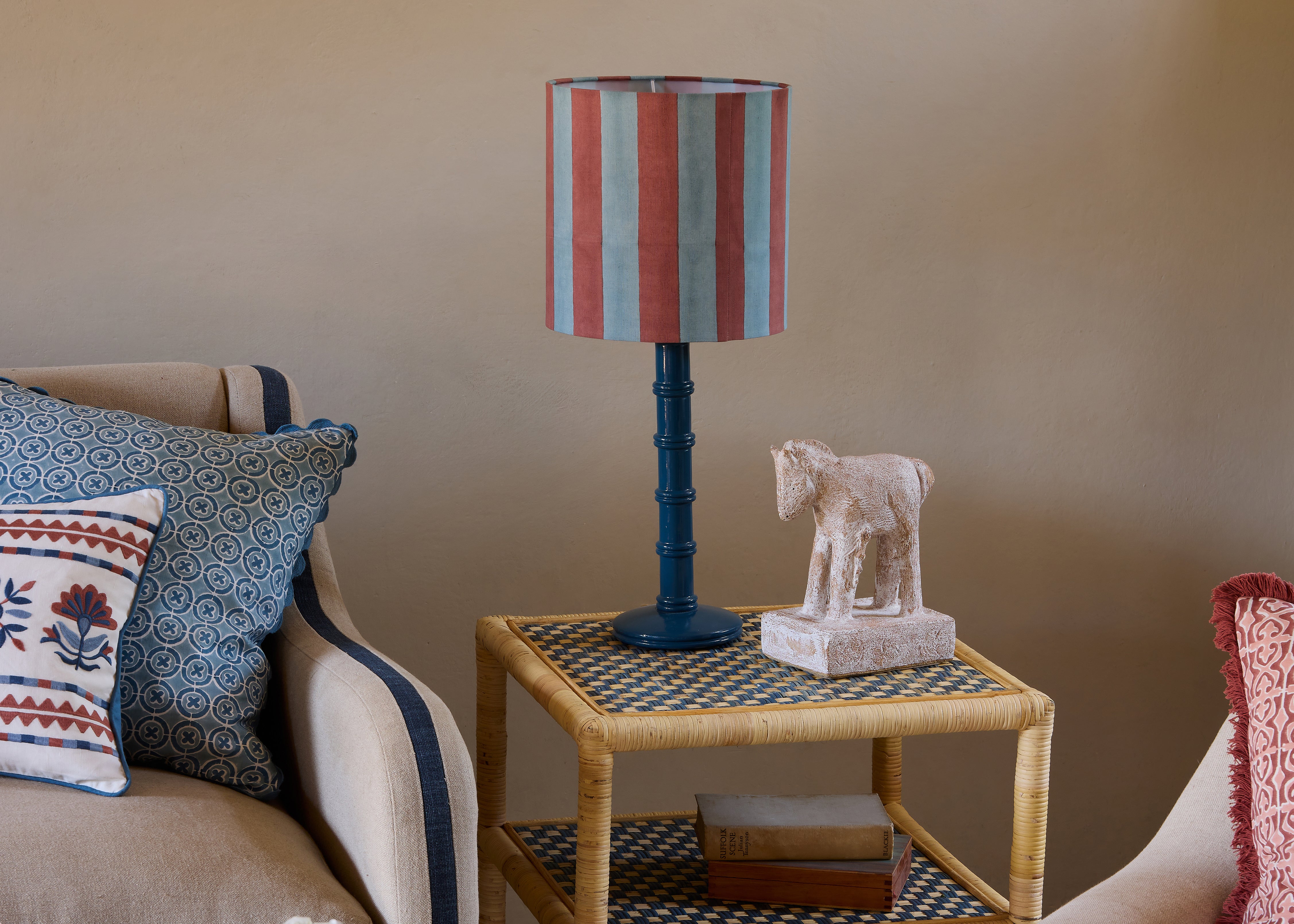 Birdie Fortescue Lighting - Blue Column lamp paired with the red and blue striped drum shade