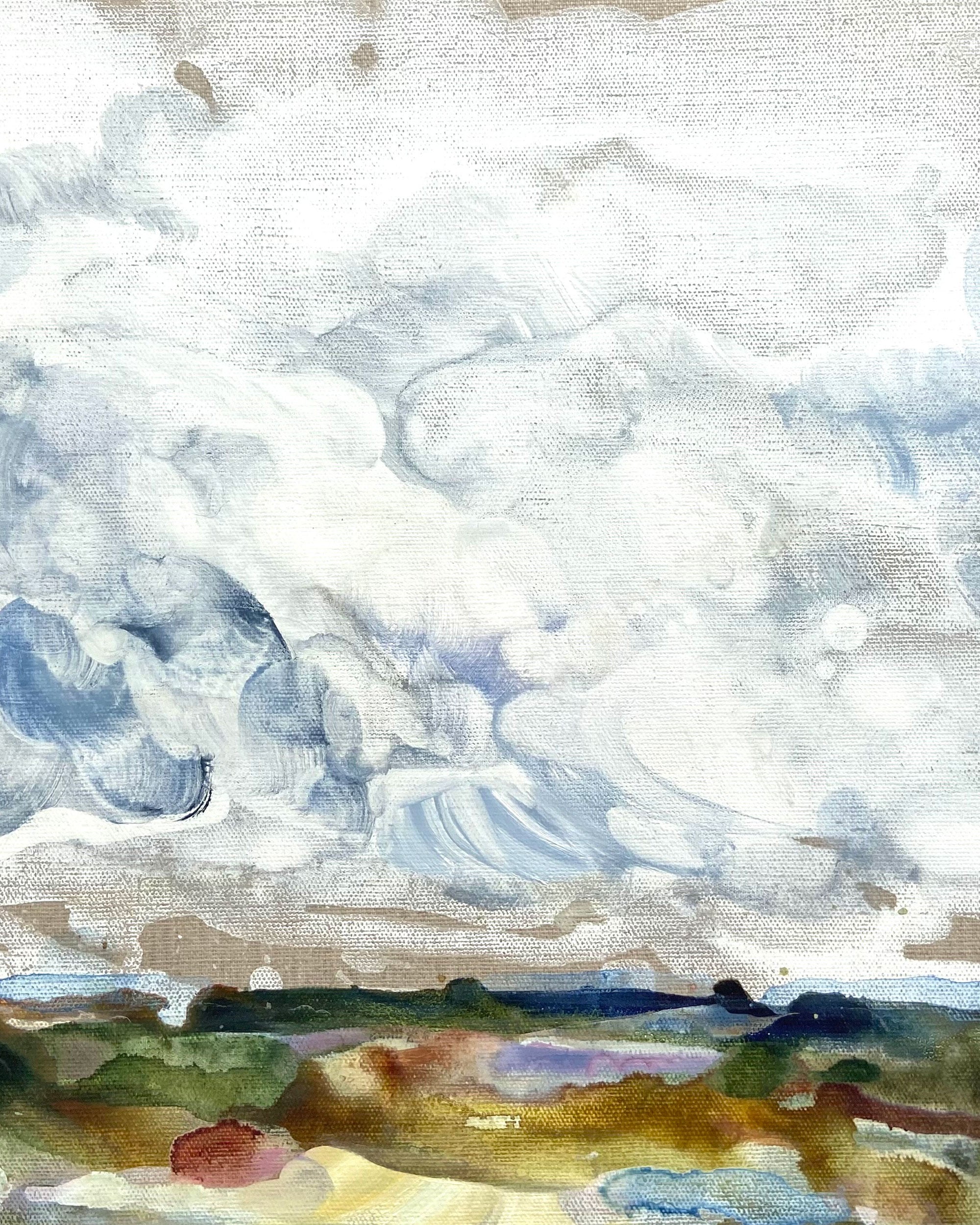 Watercolor landscape painting featuring a dramatic cloudy sky in shades of blue, white, and grey, with a muted green and brown field at the bottom.