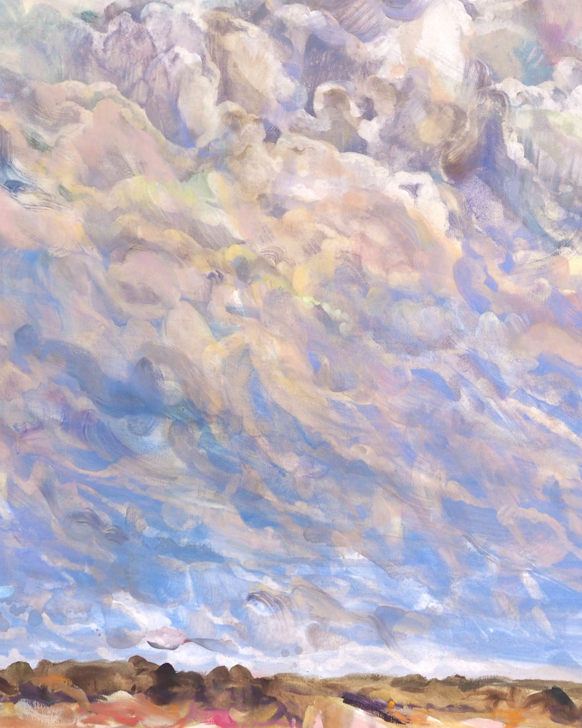Impressionistic landscape painting of a dramatic cloudy sky in shades of blue, lavender, cream, and beige, with a low brown and orange horizon line at the bottom.