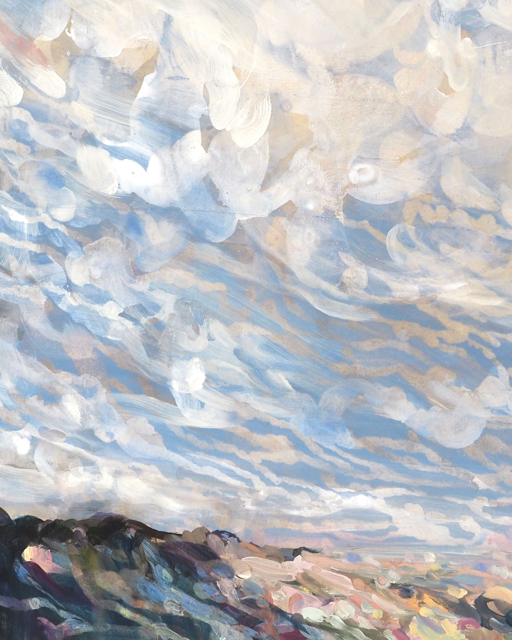 An impressionistic landscape painting featuring a dramatic sky with swirling blue, white, and beige clouds above a textured, multicolored foreground.