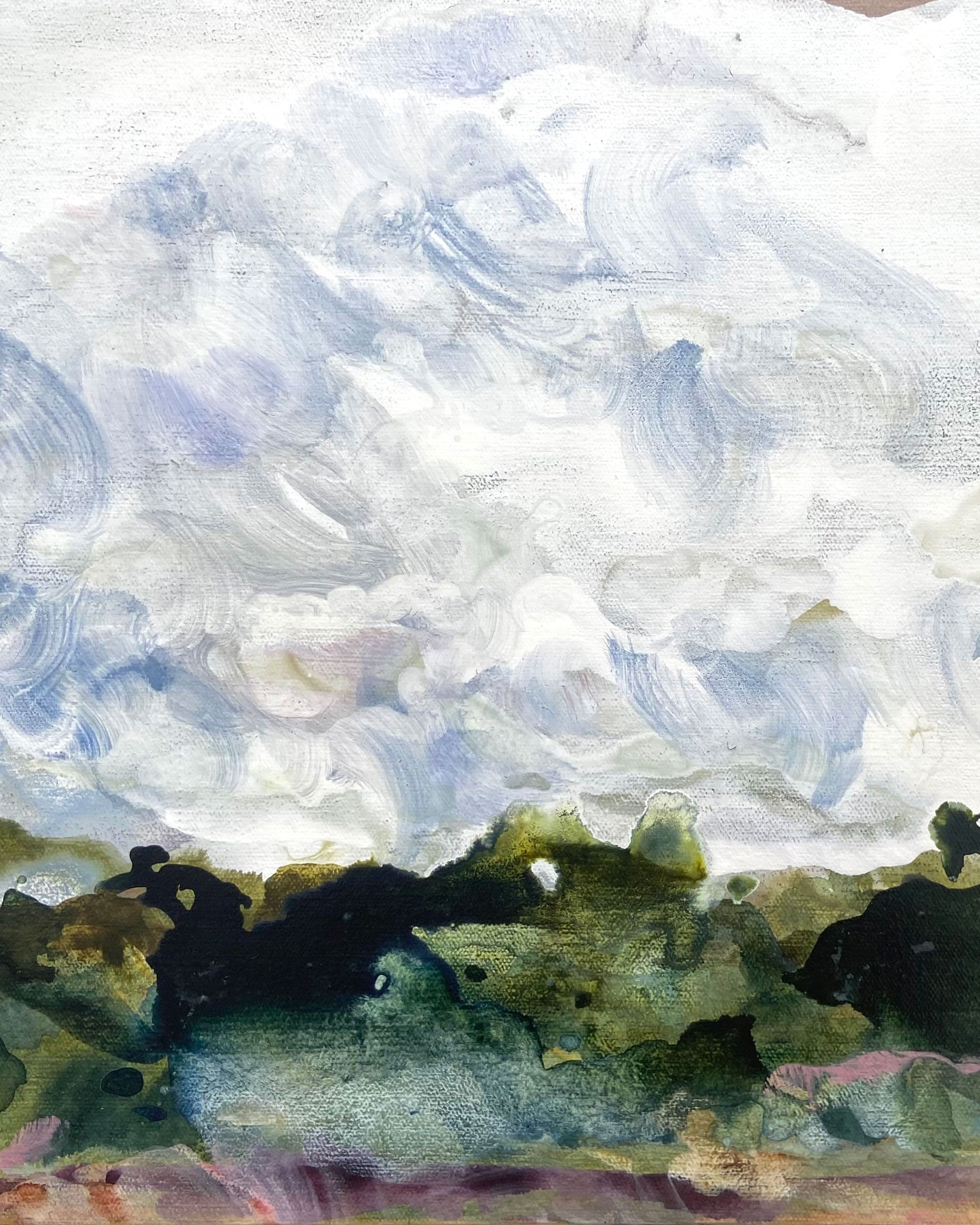Watercolor landscape painting featuring a dramatic white and blue sky with textured brushstrokes above a dark green, black, and purple ground.