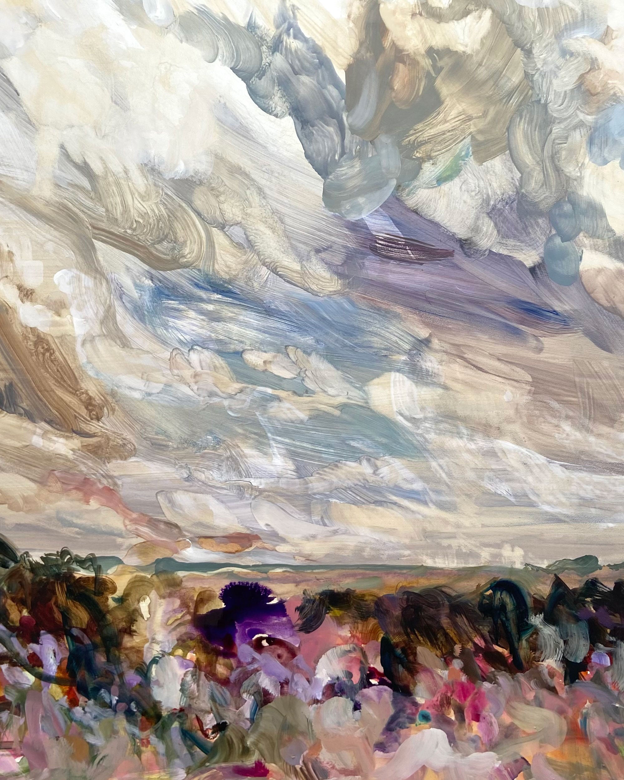 An impressionistic painting depicting a dramatic cloudy sky in shades of blue, gray, beige, and white, with a dense foreground of dark, colorful figures or forms in purple, pink, brown, and black.