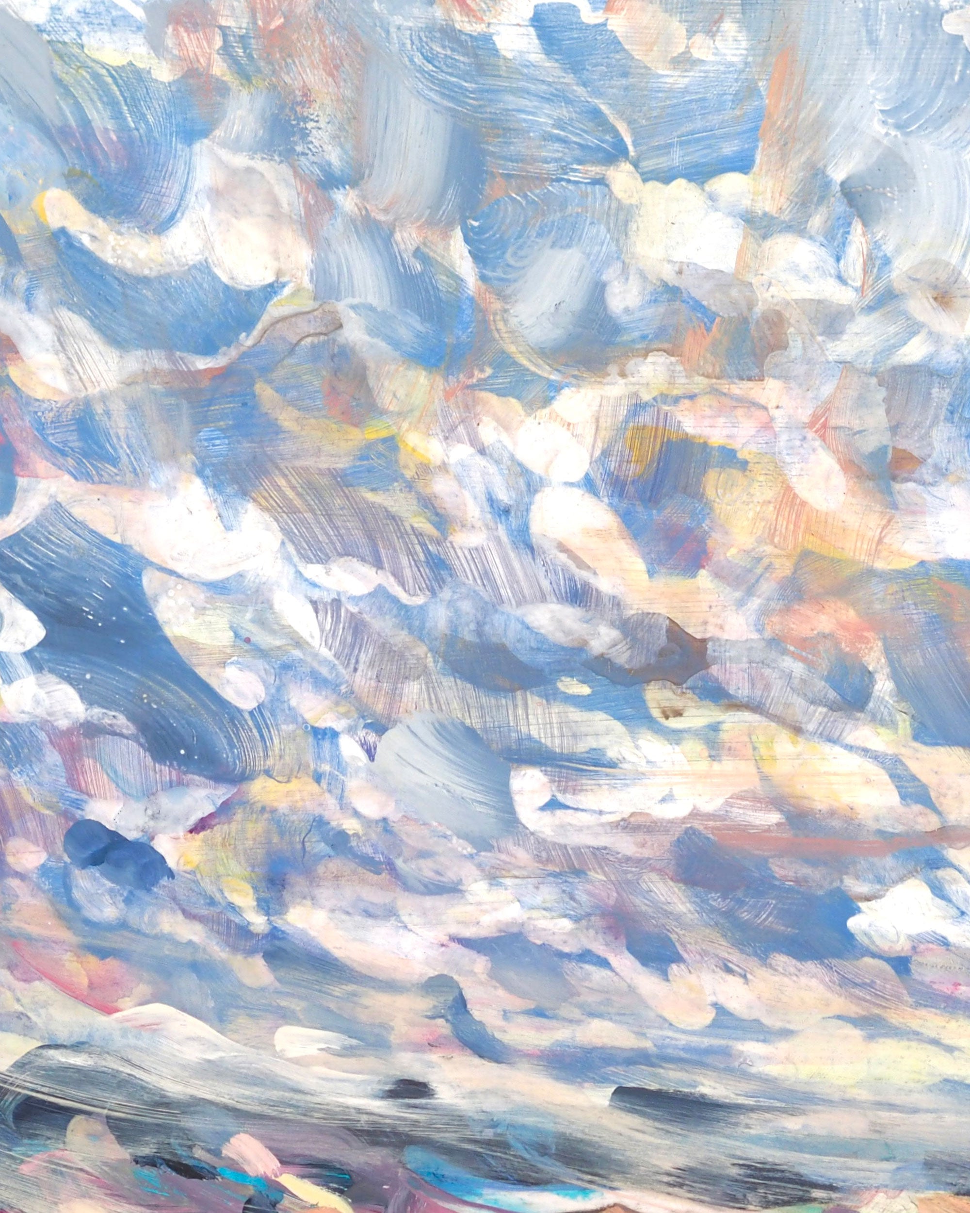 An abstract painting depicting a dramatic sky with textured brushstrokes of blue, white, grey, and soft pink clouds.