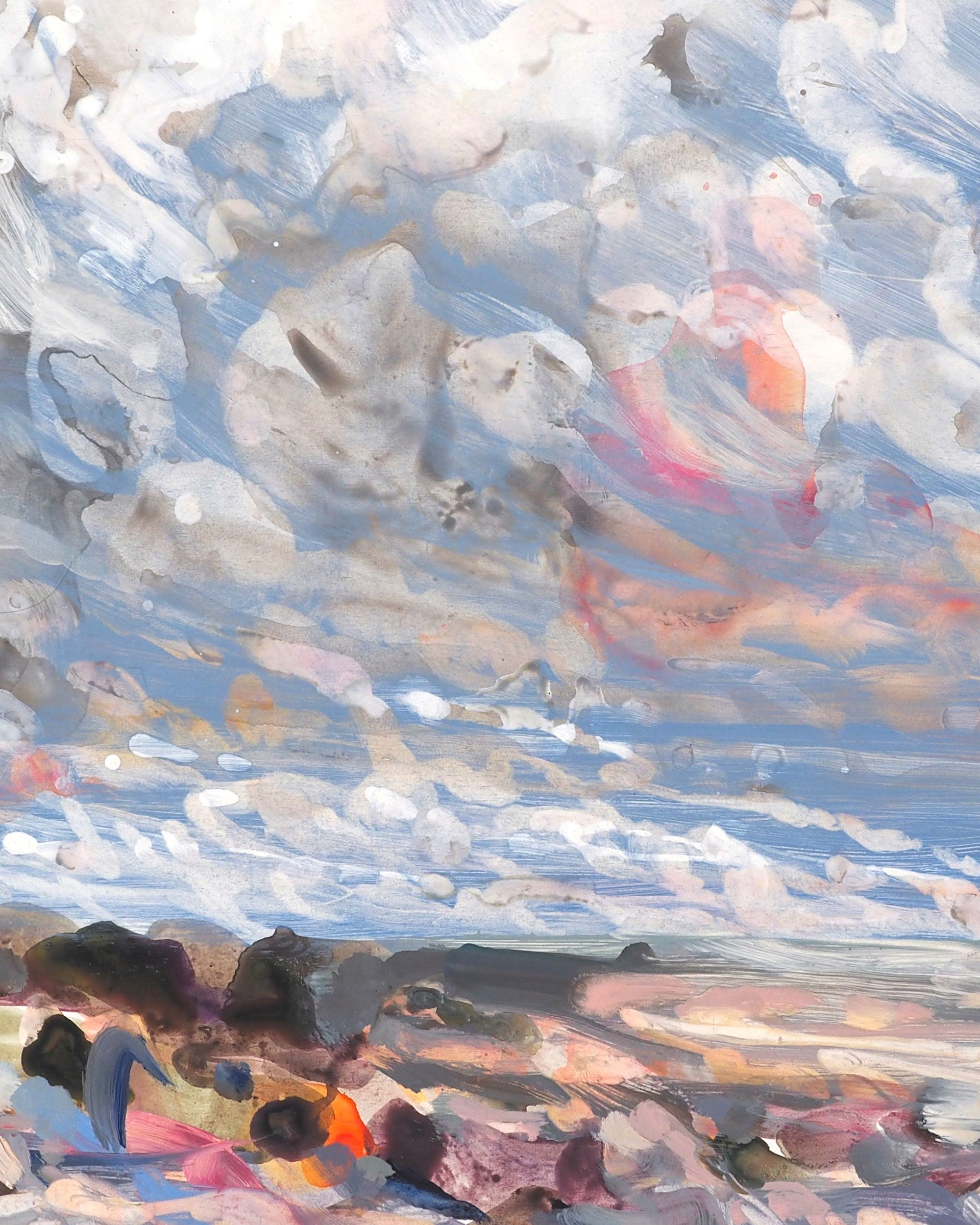 An impressionistic painting of a beach scene with a dramatic cloudy sky in shades of blue, grey, white, and soft pink, with dark and muted figures along the shoreline.