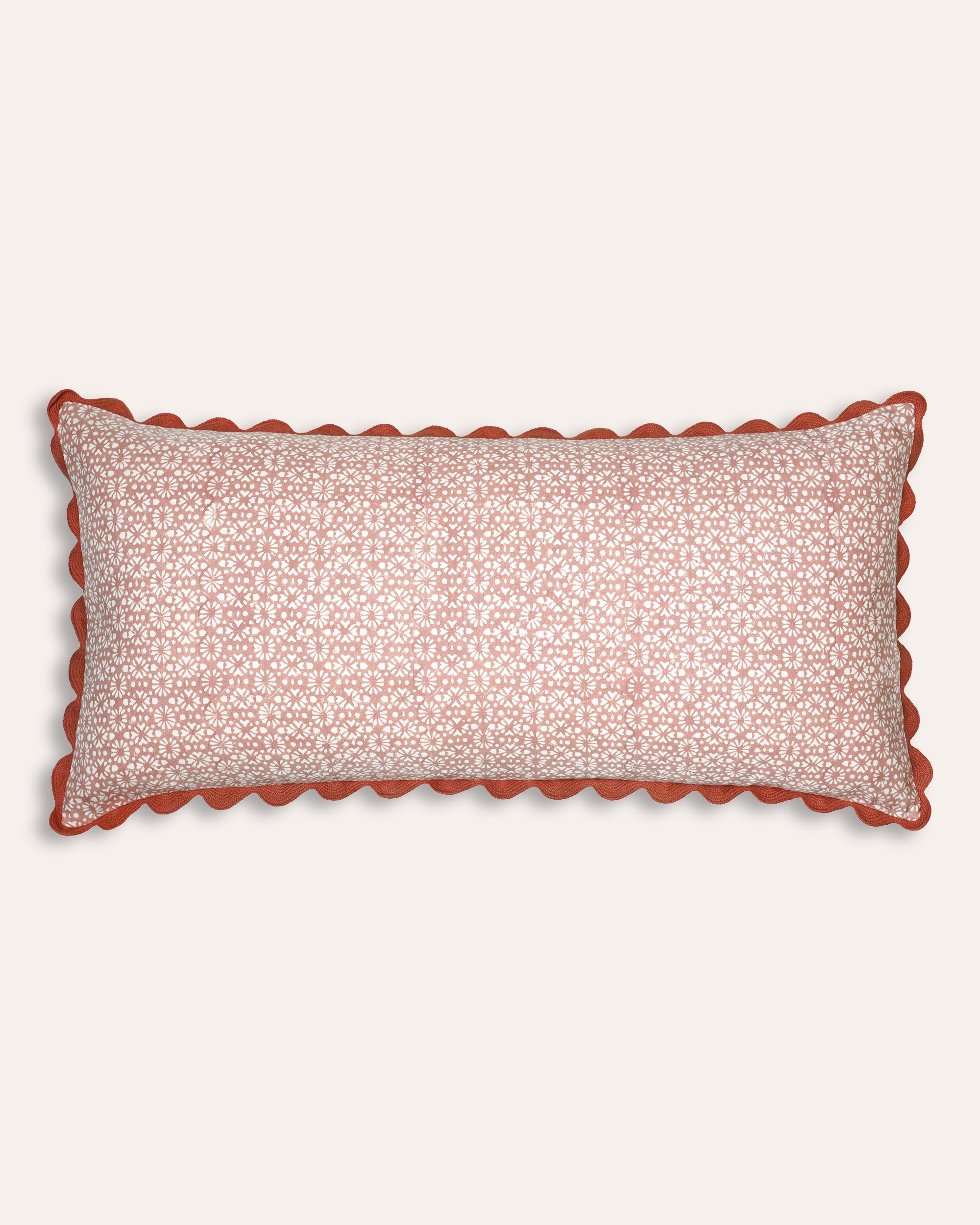 Pink floral margarita block printed bolster cushion wish scalloped ricrac - Birdie Fortescue soft furnishing