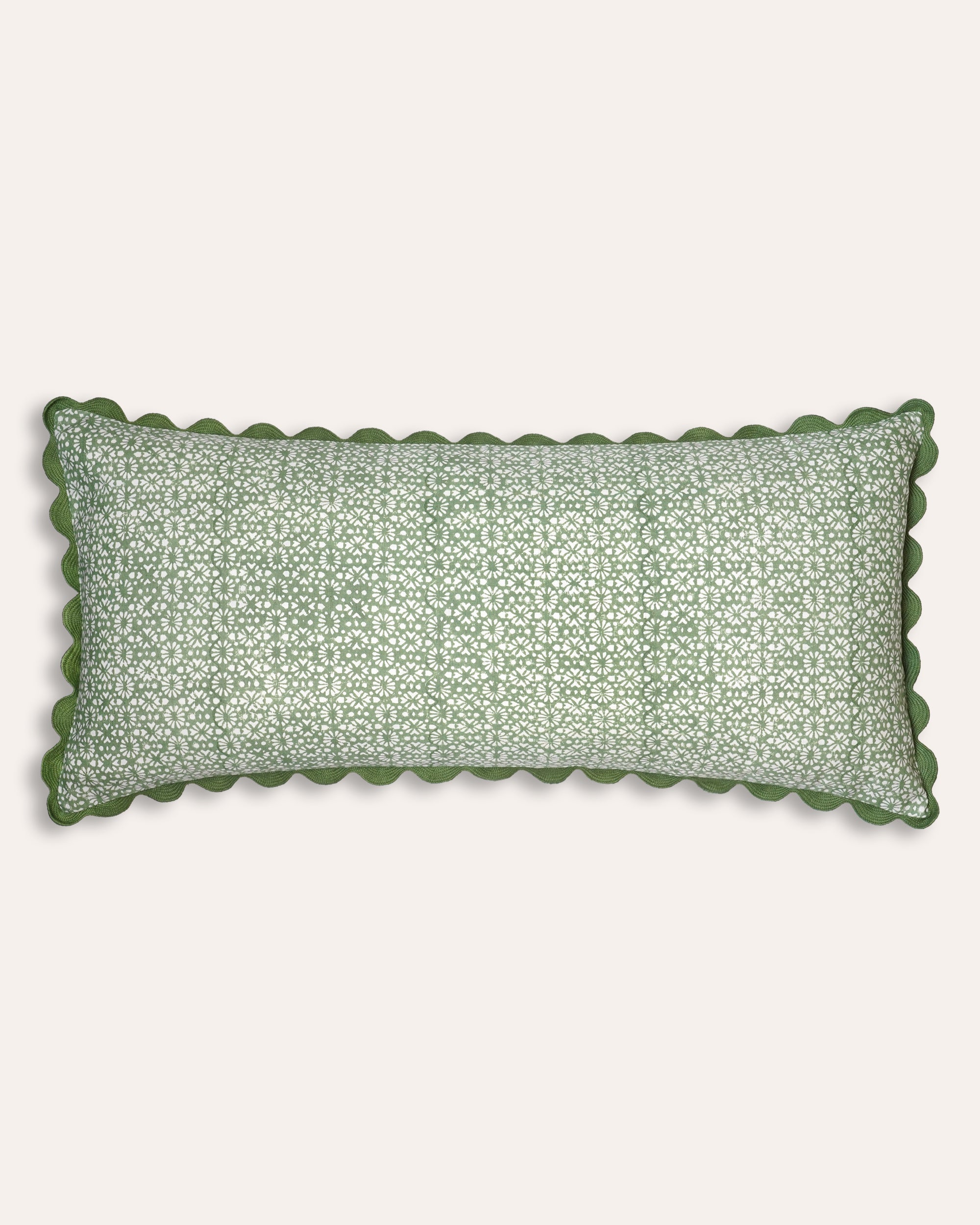 Green floral block print bolster cushion with scalloped ricrac edging - Birdie Fortescue soft furnishing