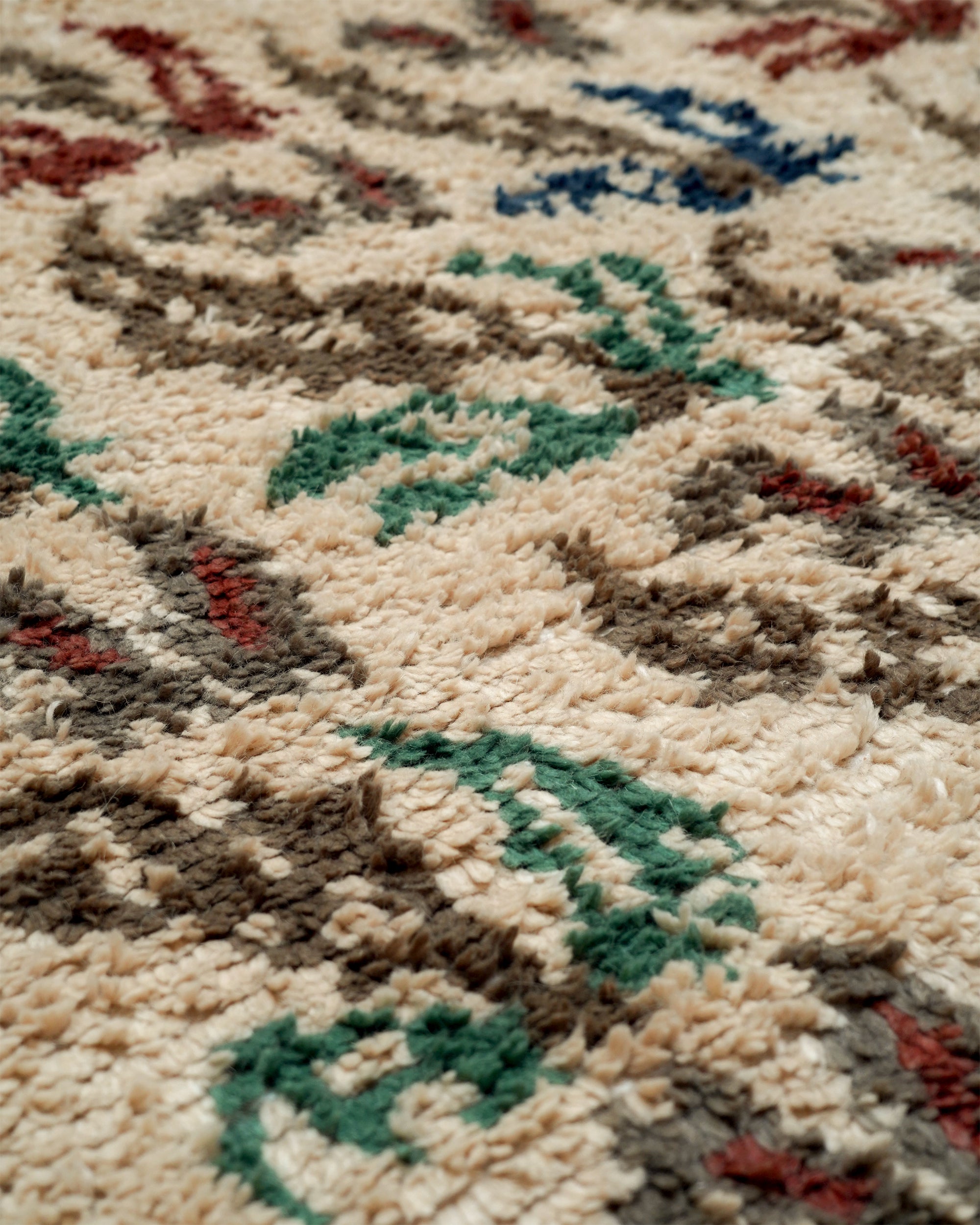 Close-up of a patterned rug with beige, green, and red colors.
