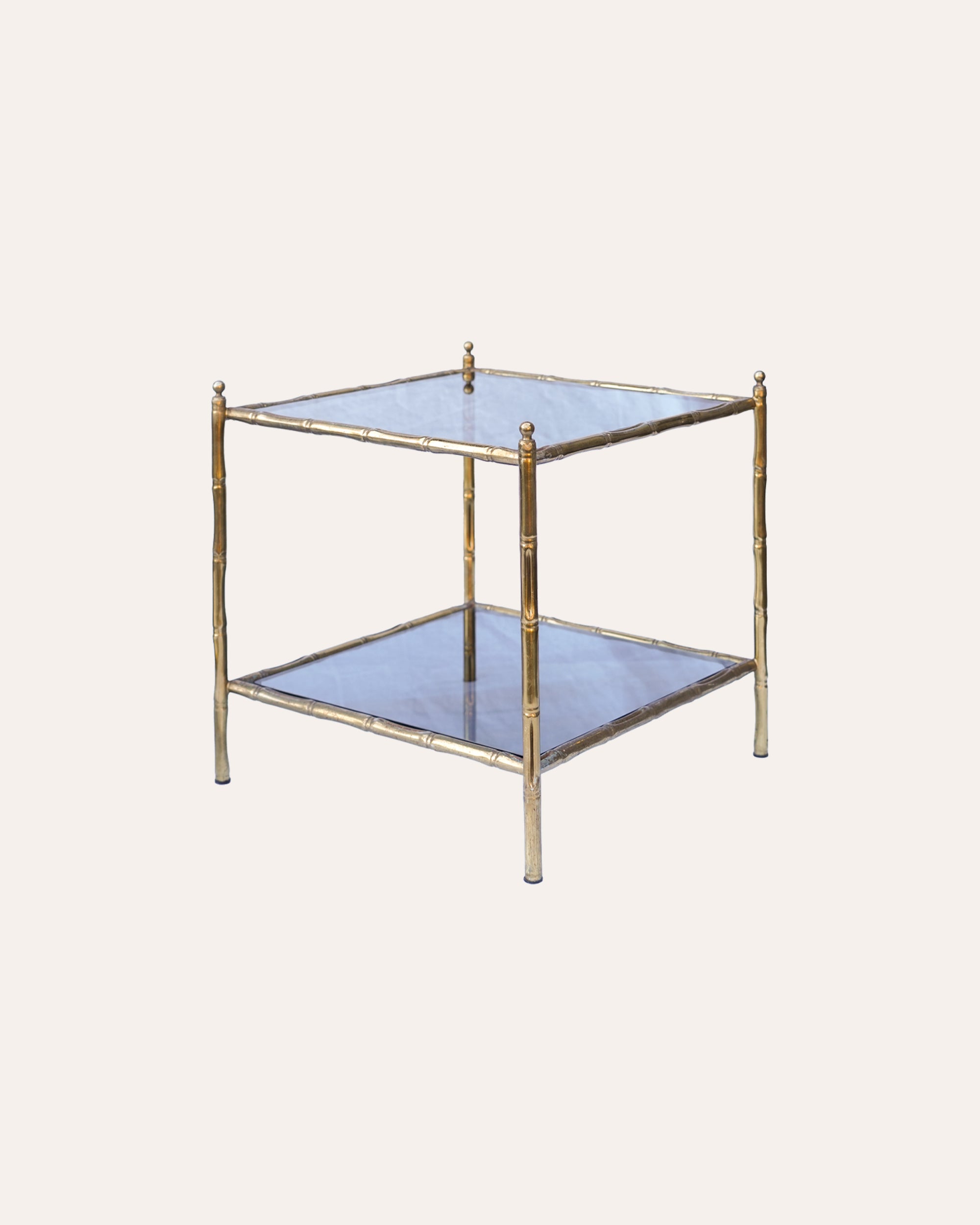 Pair of French 1960s Faux Bamboo Brass Side Tables With Smoked Glass Shelves