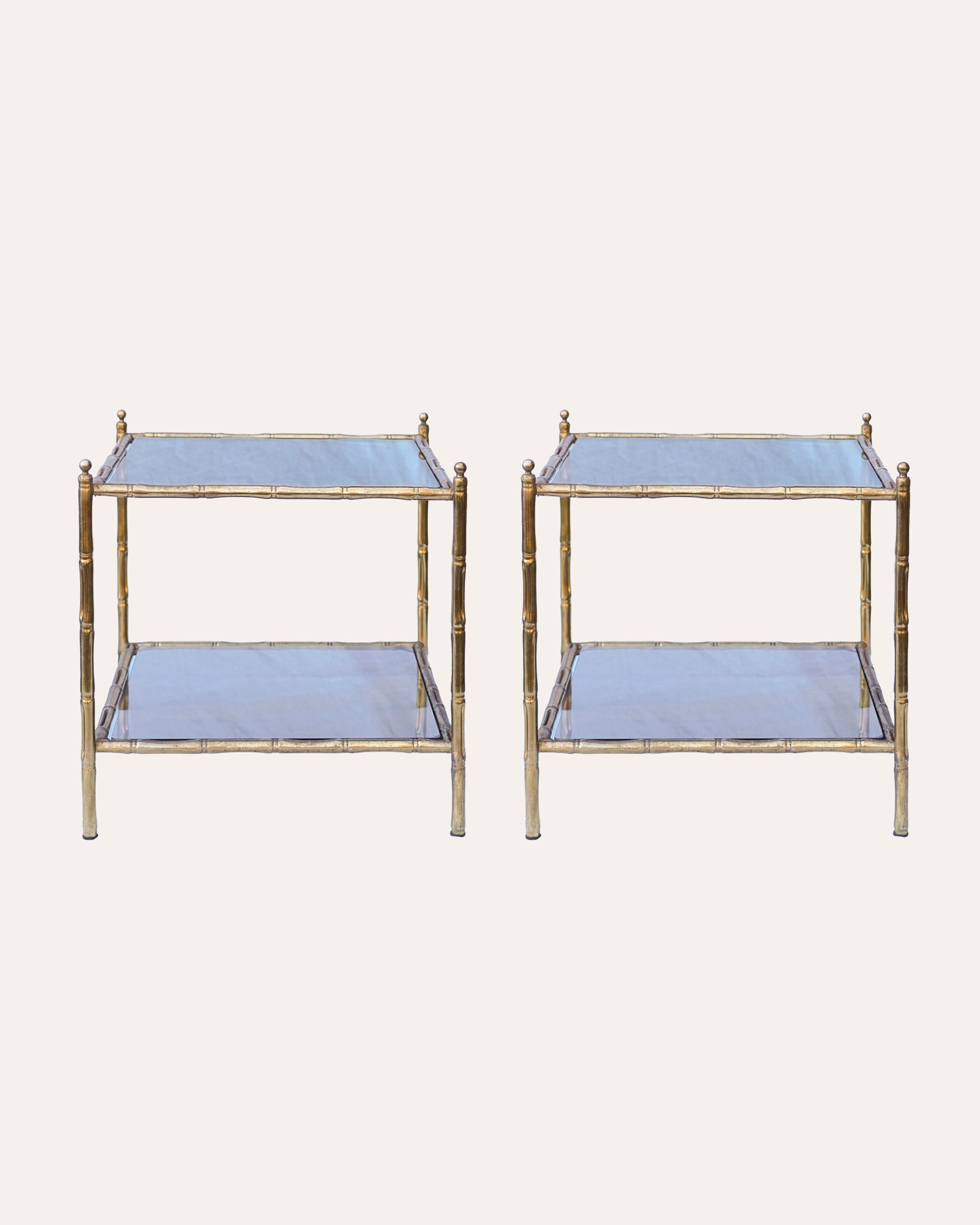 Pair of French 1960s Faux Bamboo Brass Side Tables With Smoked Glass Shelves