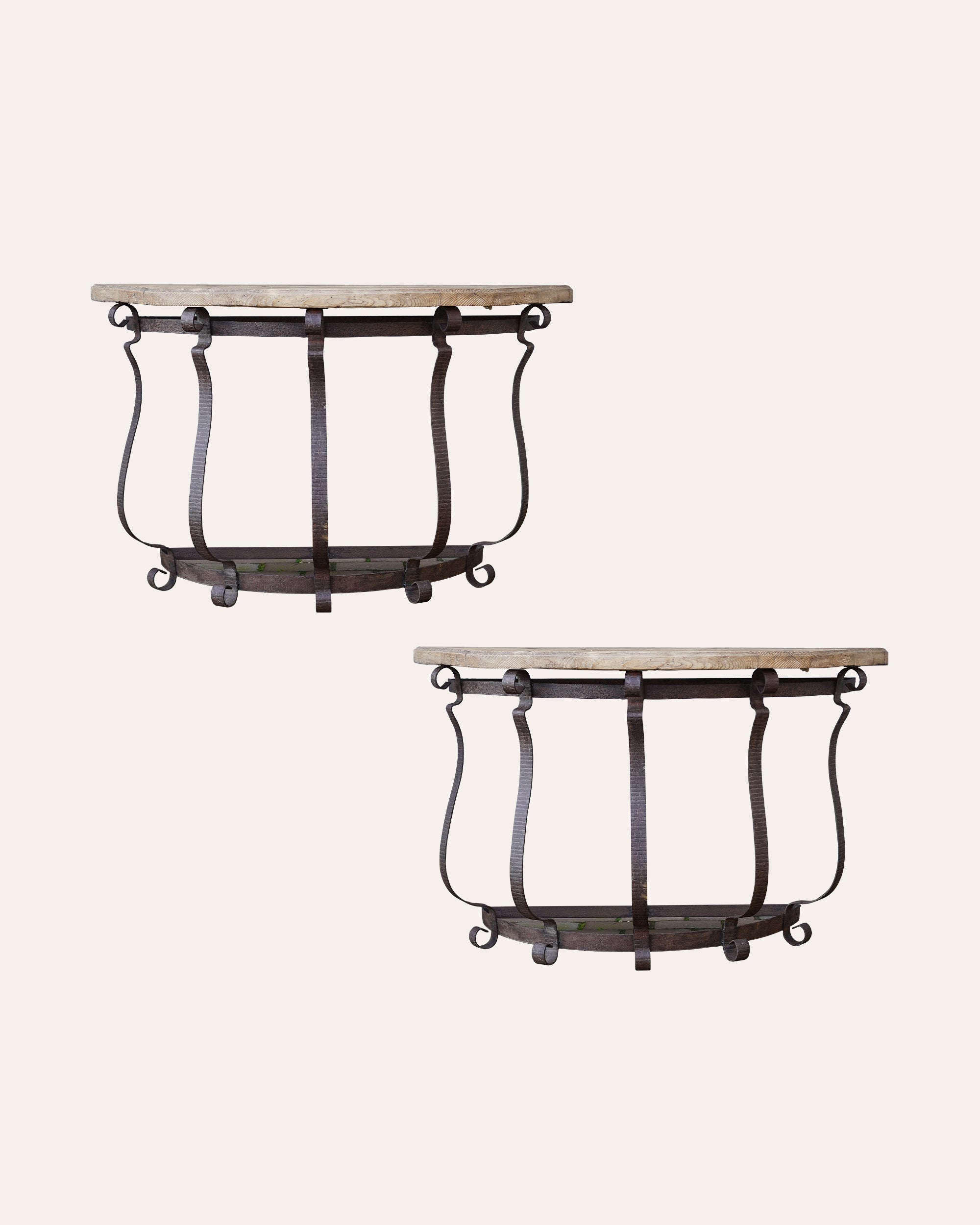 A Pair of Italian Metalwork Demi-Lune Console Tables