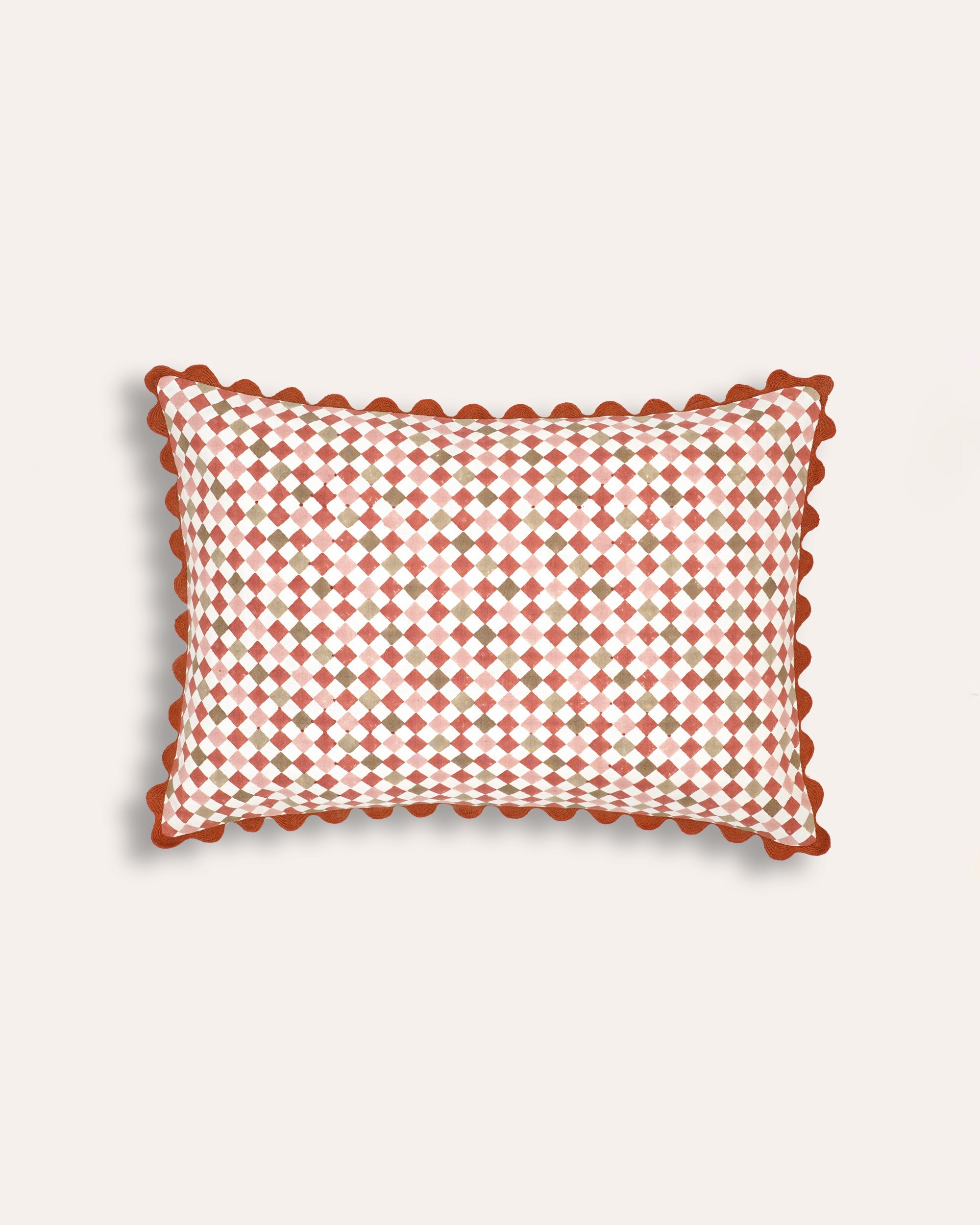 Azulejo Rectangular Block Print Cushion - Red and Taupe