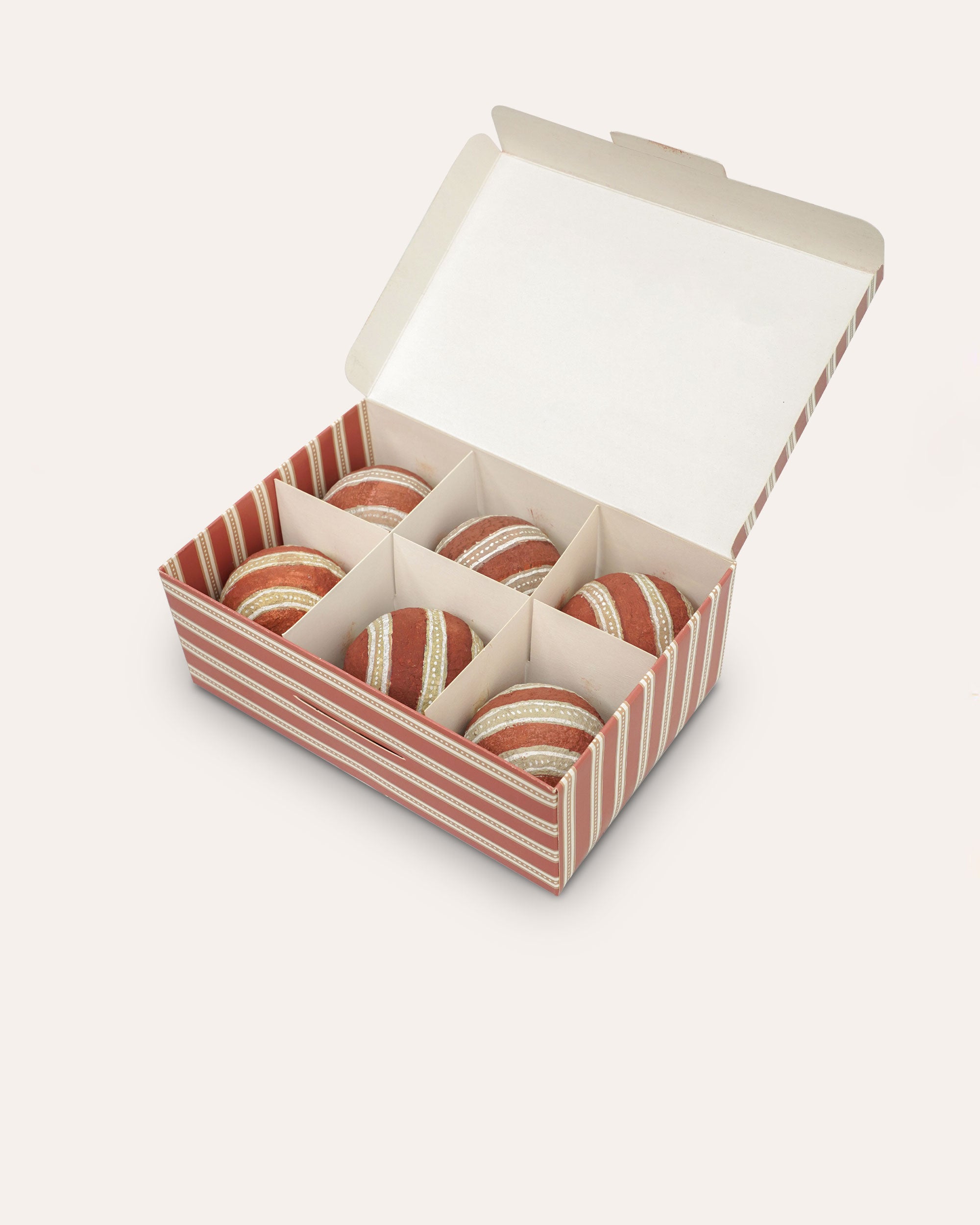 Set of Six Edo Stripe Paper Mache Bauble - Red