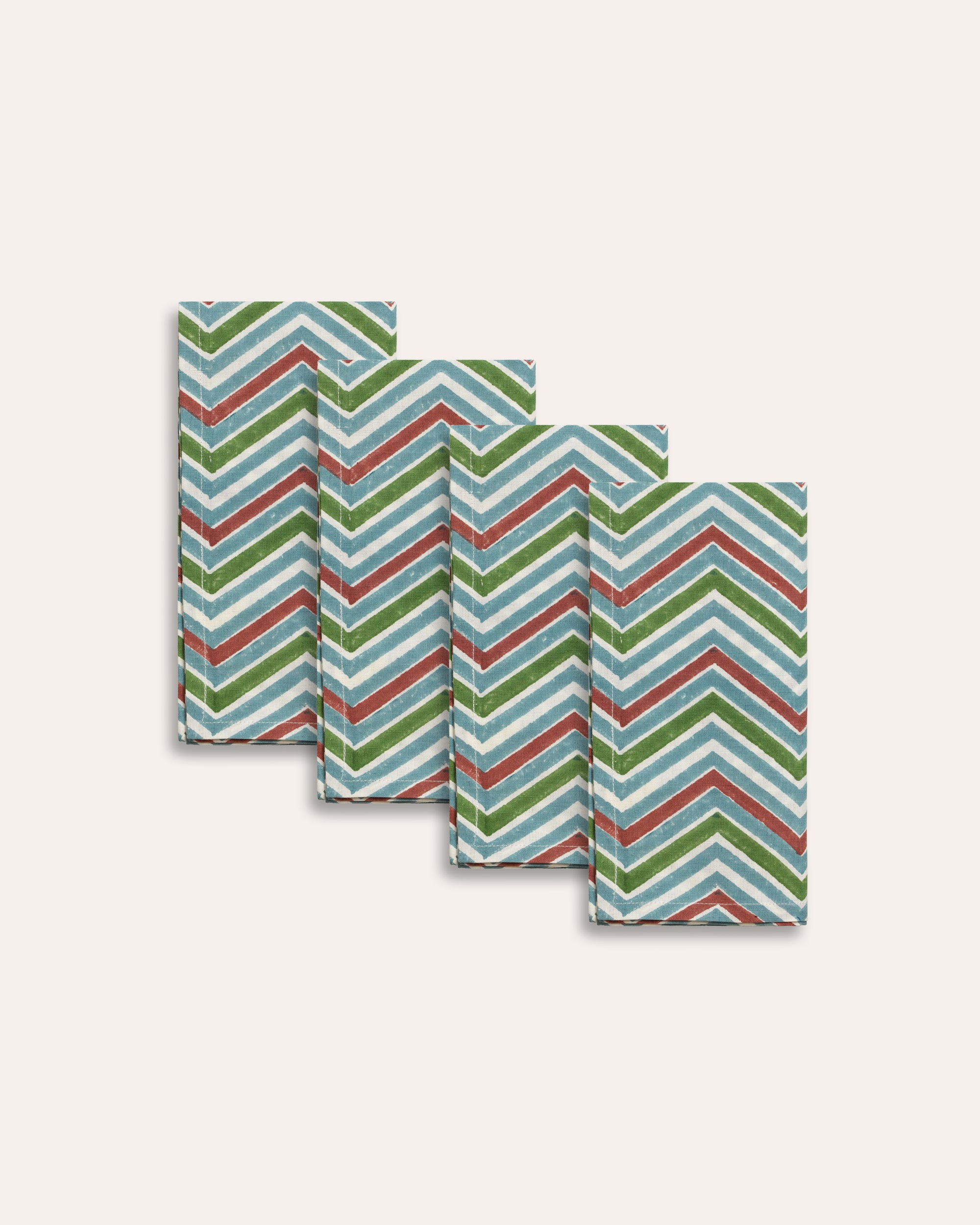 Set Of Four Chevron Block Print Cotton/Linen Napkins - Multi