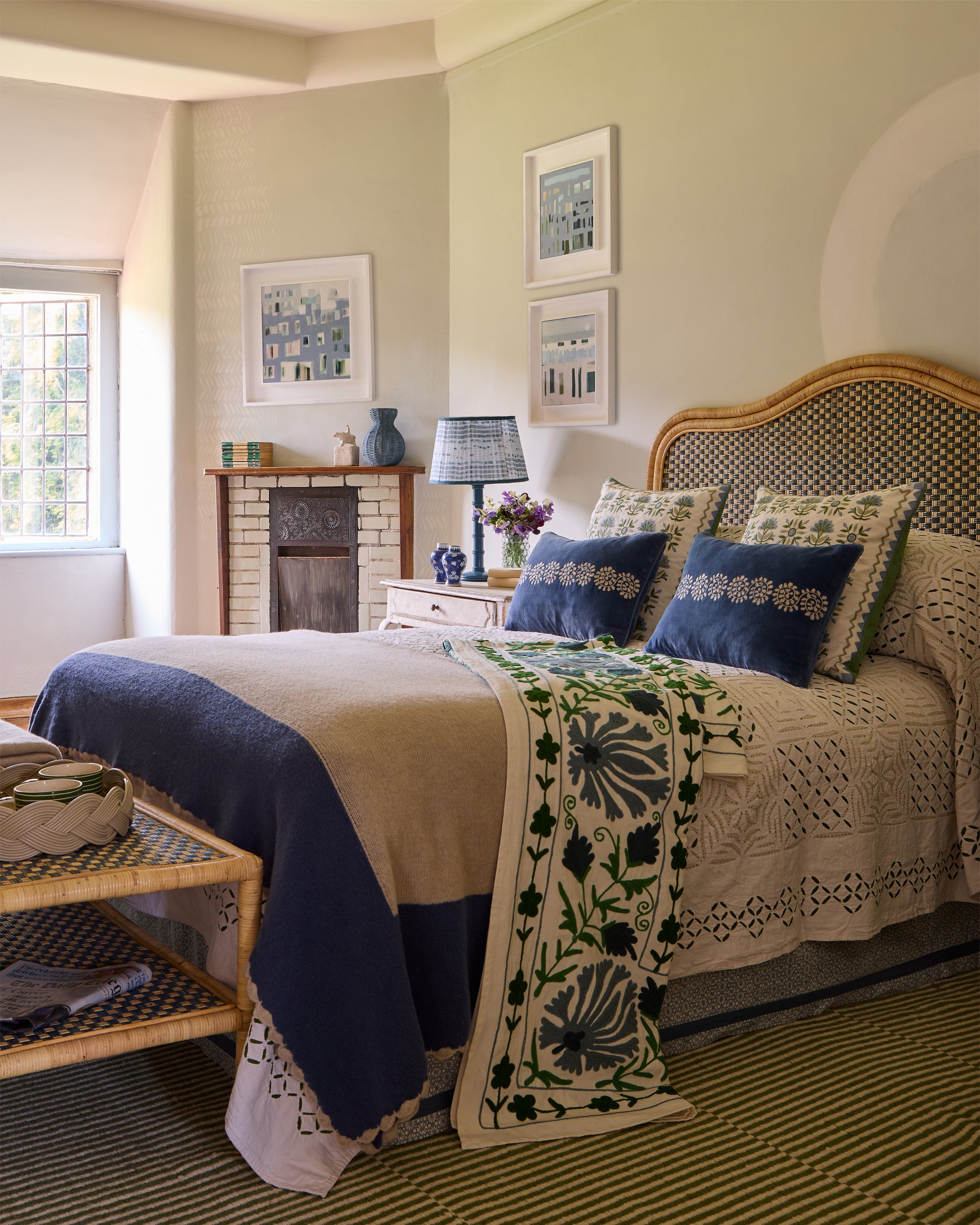 Blue and green bedroom lifestyle image - Birdie Fortescue soft furnishings