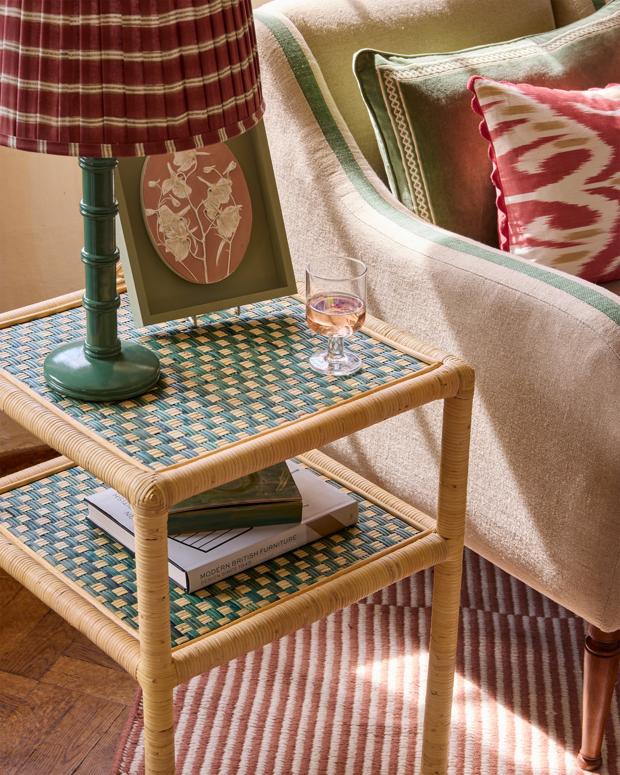 Close up detail lifestyle image, showing the Rattan texture on the Rattan side table