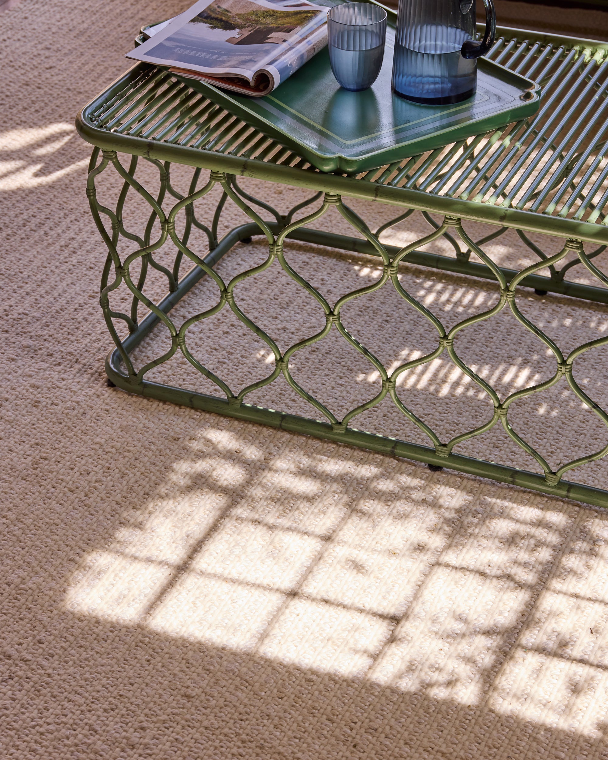 Close up detail lifestyle image, showing the texture and geometric pattern of the Alluminium Curato coffee table