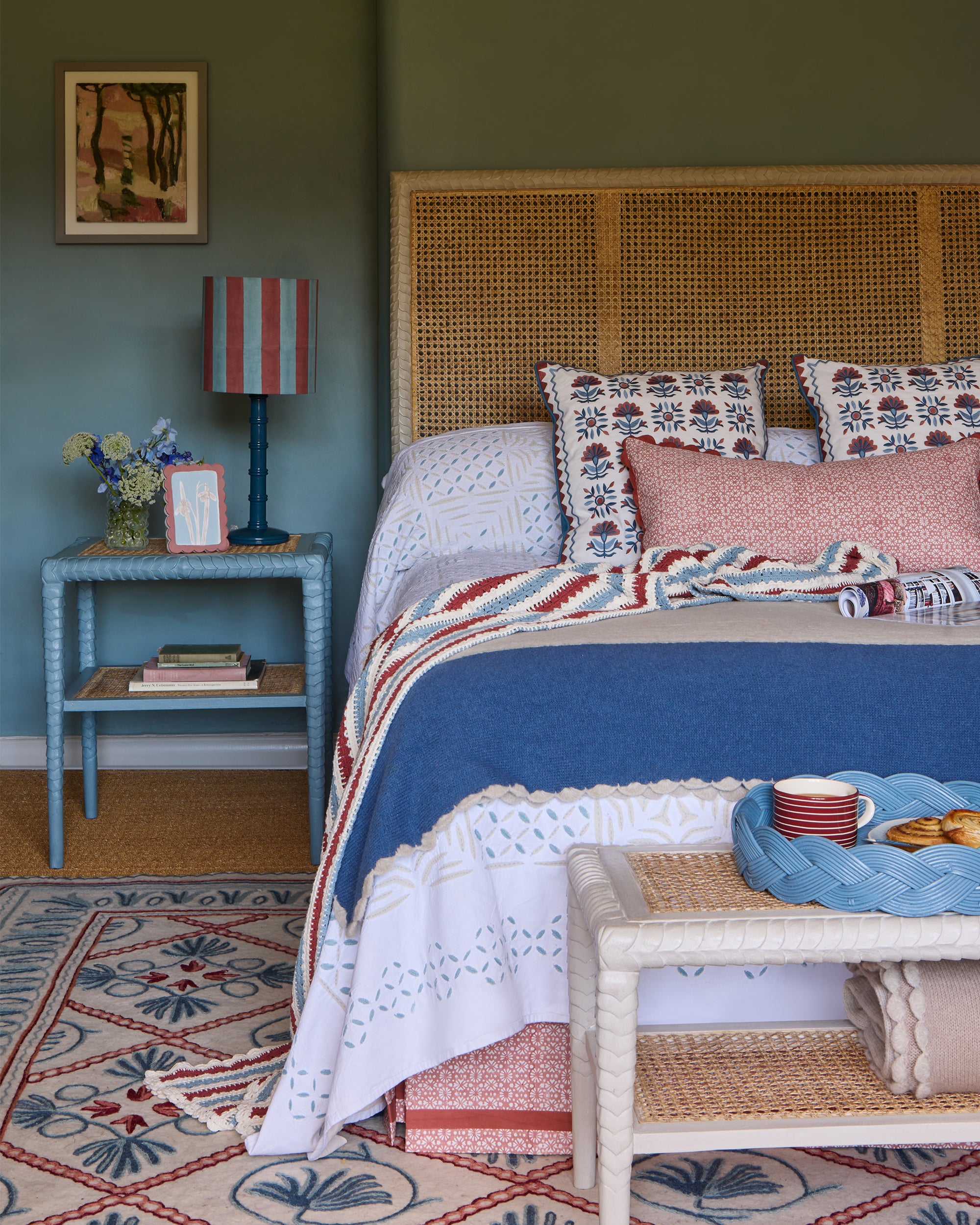 Red and blue themed bedroom - Birdie Fortescue soft furnishings and lighting