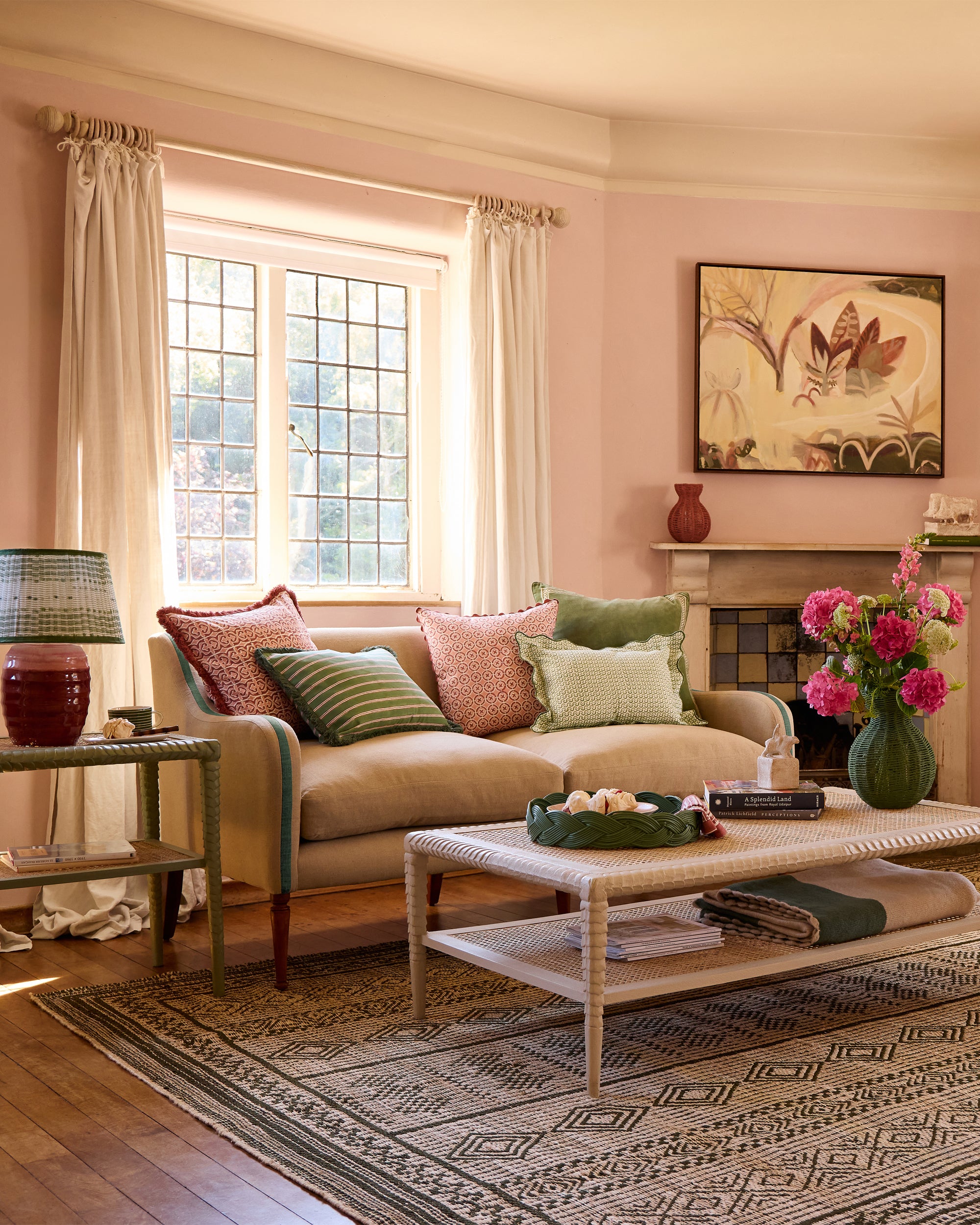 Pink and green sitting room lifestyle image - Birdie Fortescue Soft Furnishings