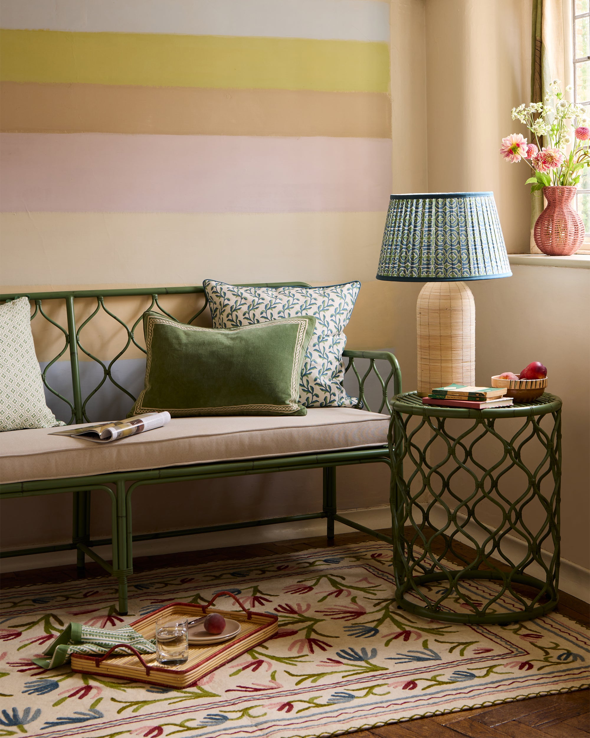 Blue and green sitting room featuring the Curato furniture and Birdie Fotescue's soft furnishings