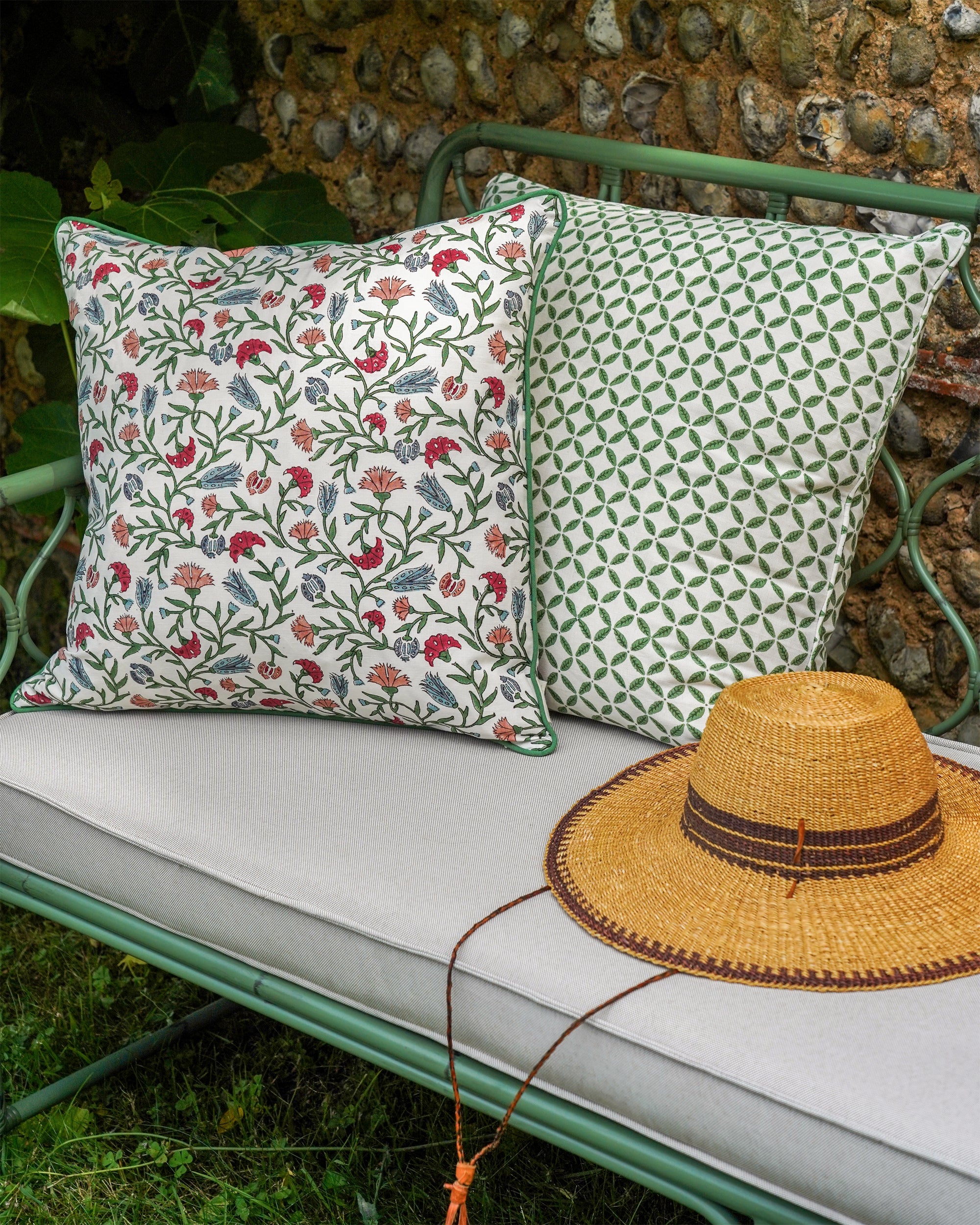 Spring summer outdoor cushions styled on the curato garden sofa