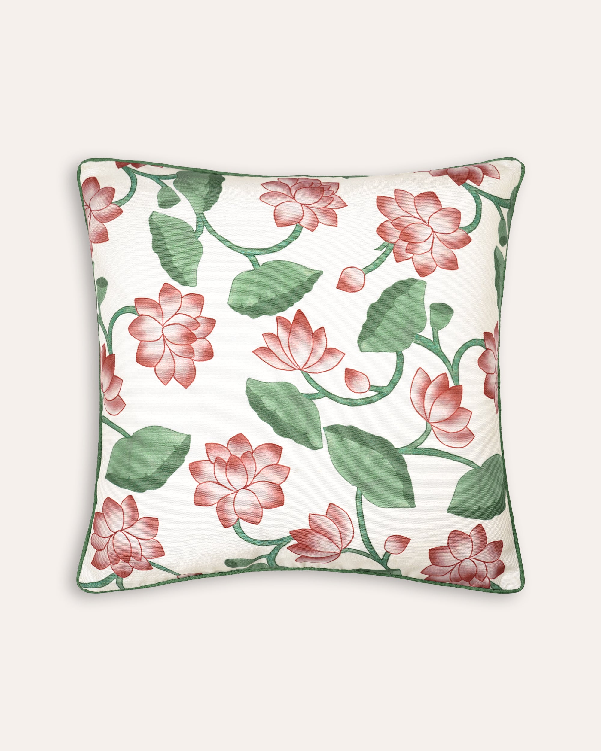 Decorative square outdoor cushion with pink floral pattern on a white background