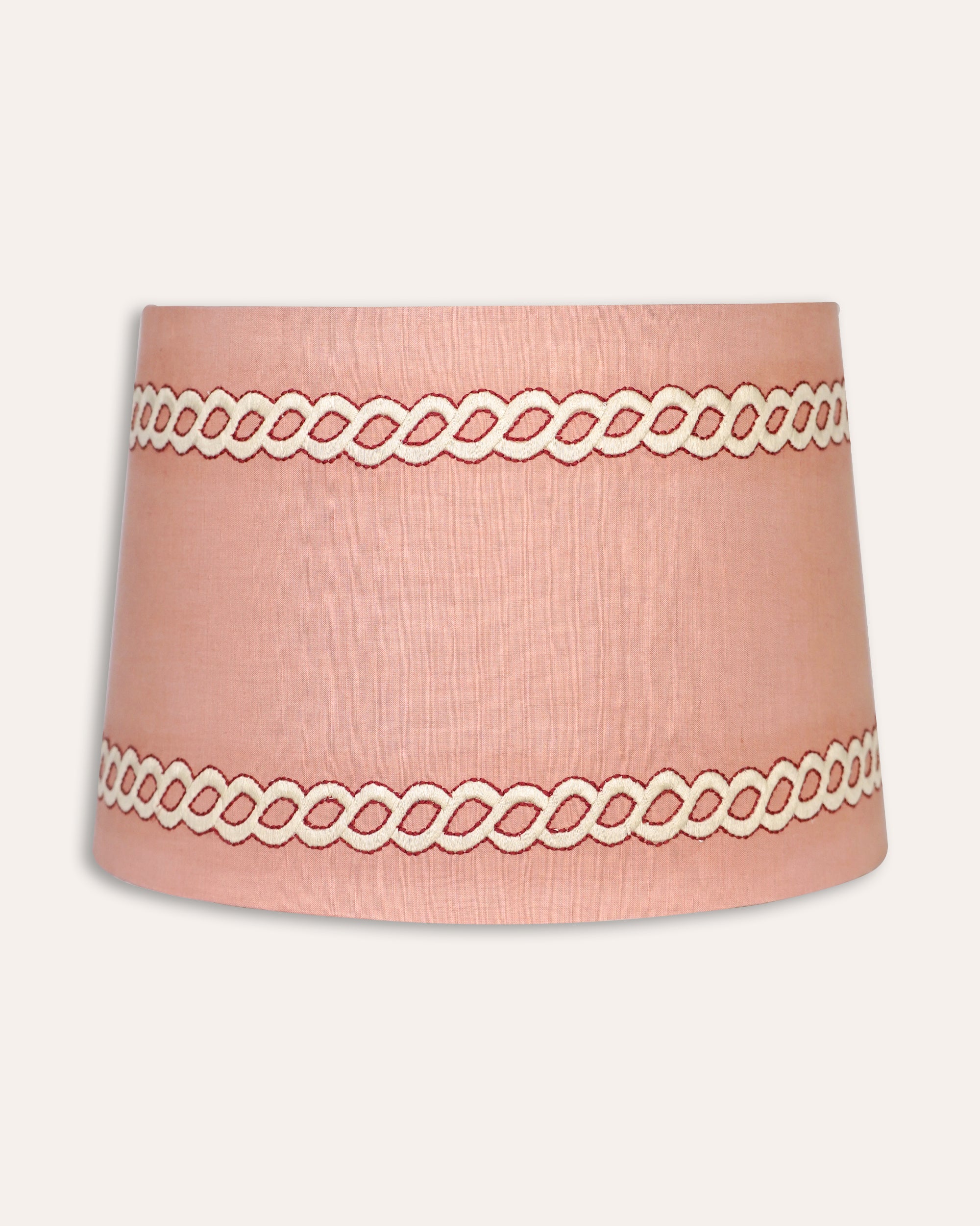 Pink lampshade with decorative white trim on a white background