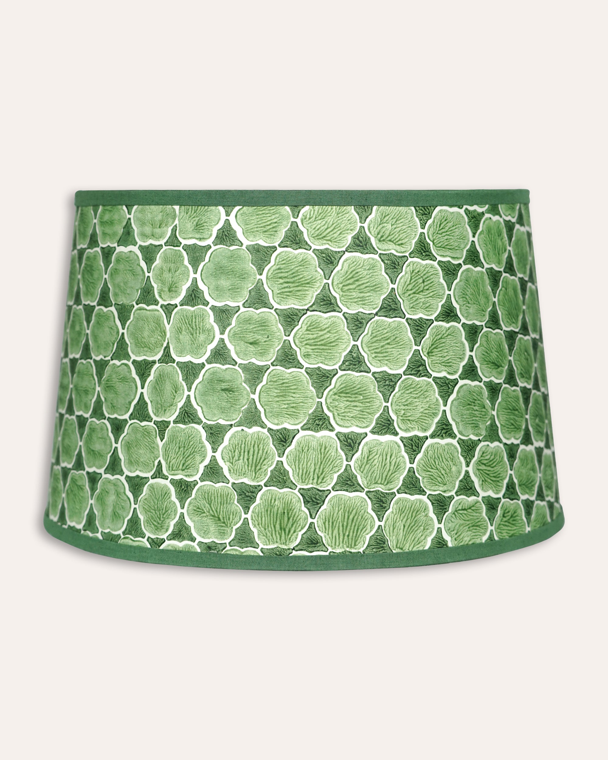 Green lampshade with a geometric pattern on a white background