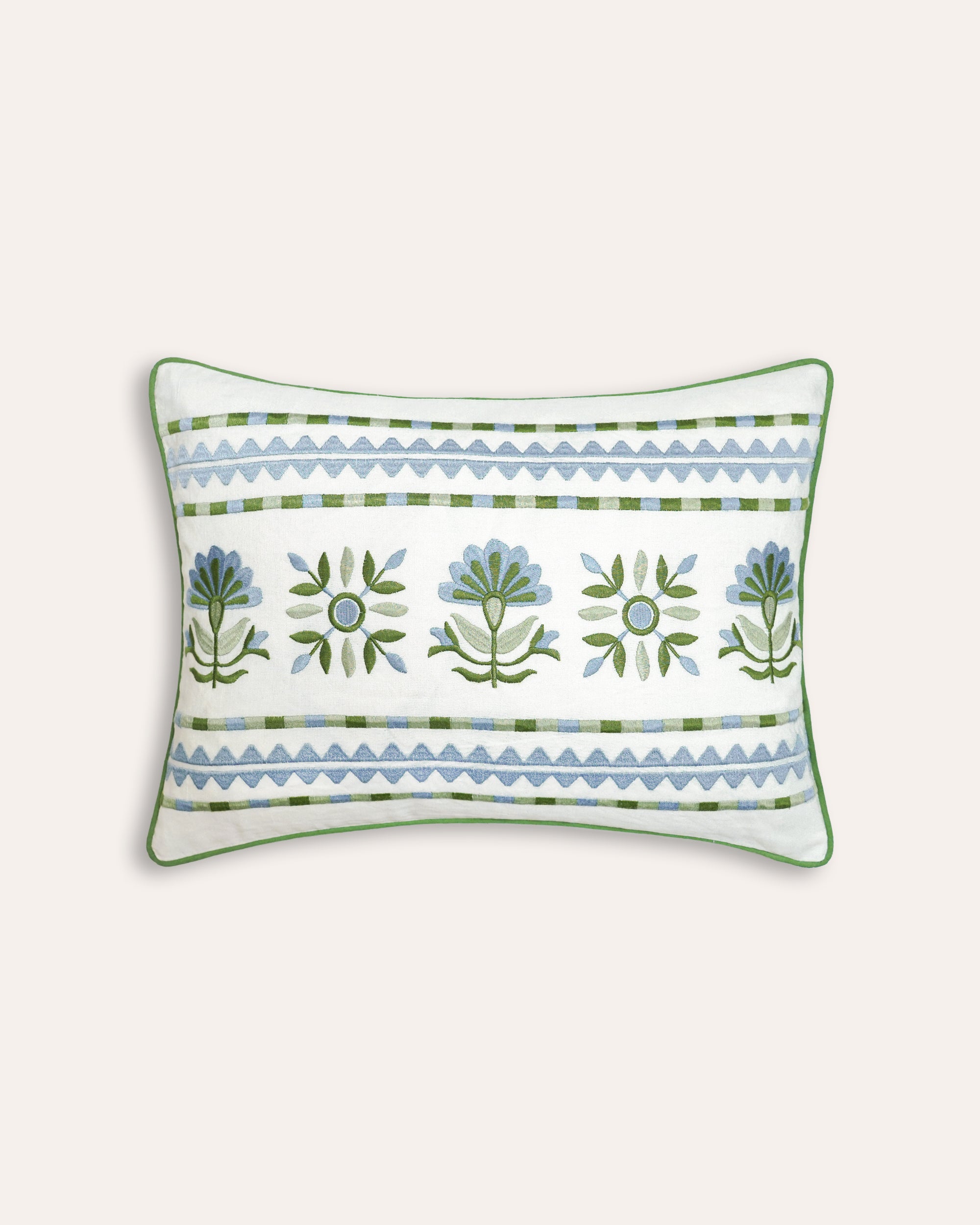 Blue and green floral and geometric sancti embroidered rectangular cushion - Birdie Fortescue soft furnishings