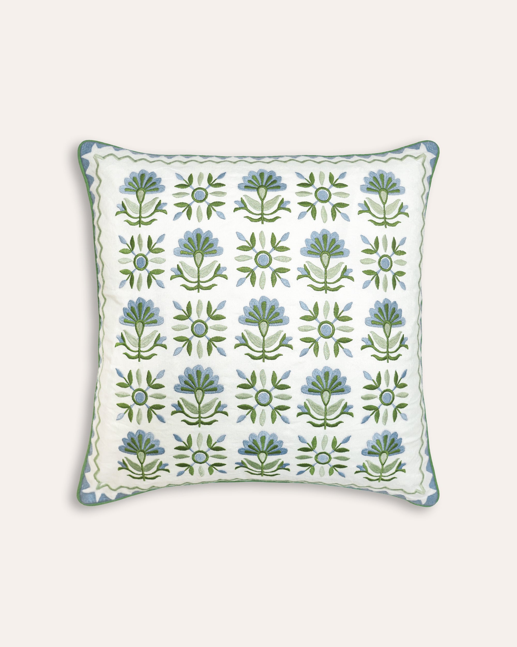 Blue and green Embroidered Sancti Statement Cushion - Birdie Fortescue