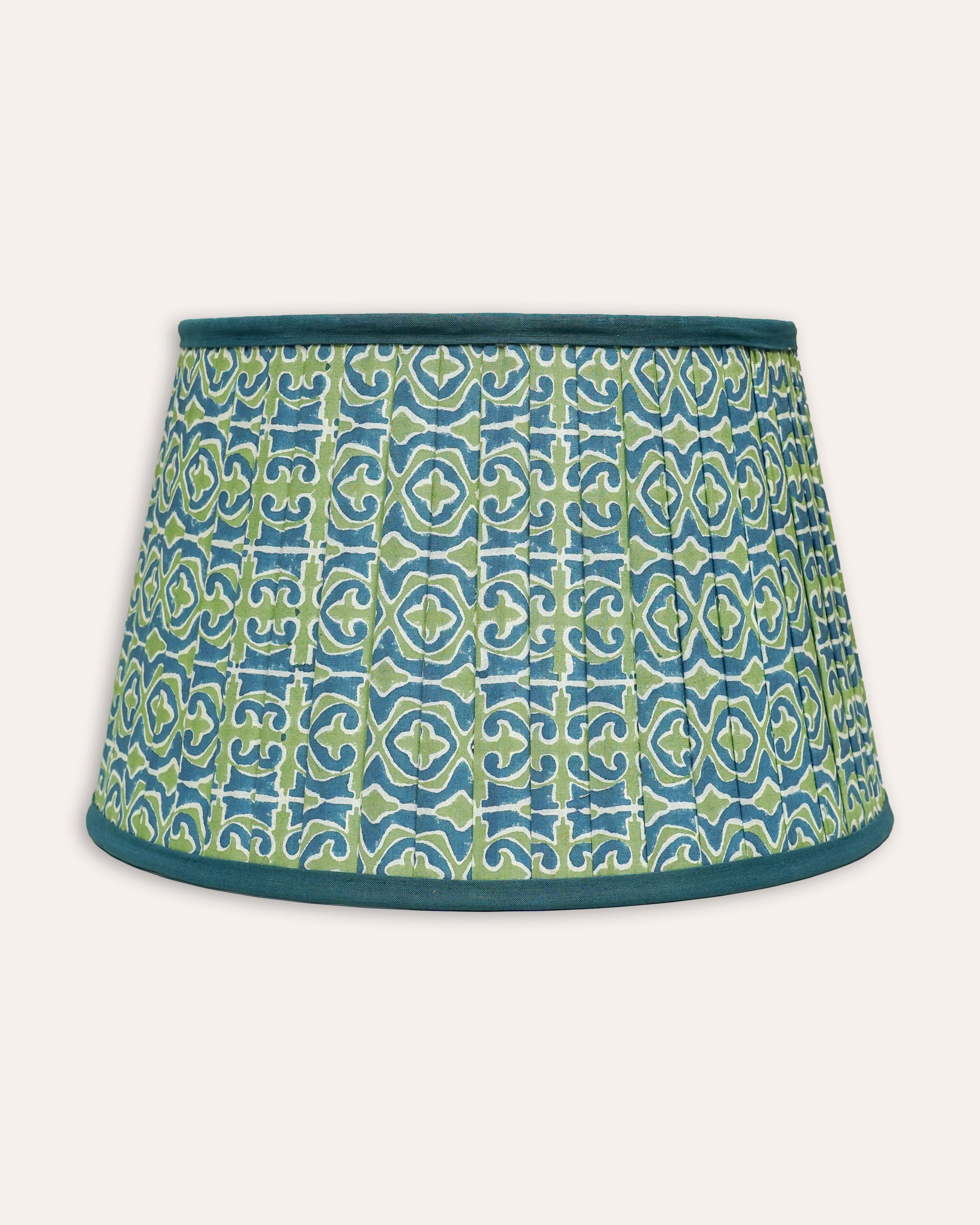 Blue and green Santa Clara pleated block printed lampshade with a geometric pattern - Birdie Fortescue lighting