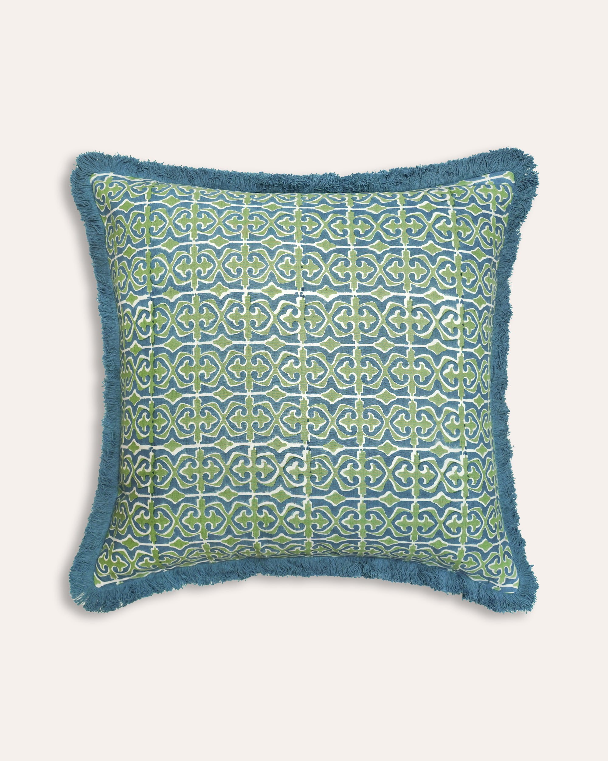 Blue and green Santa Clara square block printed cushion in a geometric pattern - Birdie Fortescue soft furnishing