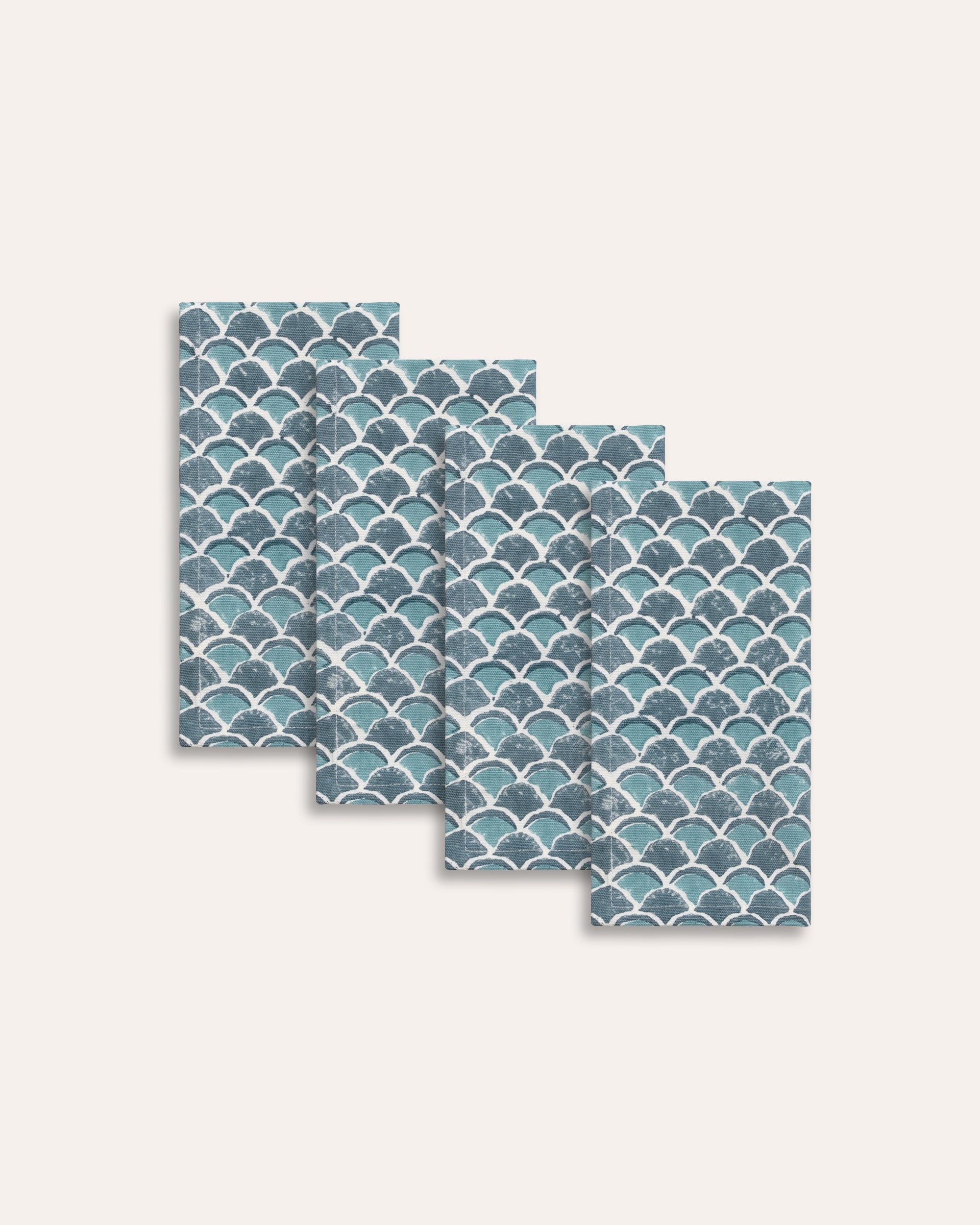 Set Of Four Scallop Block Print Cotton Napkins - Blue