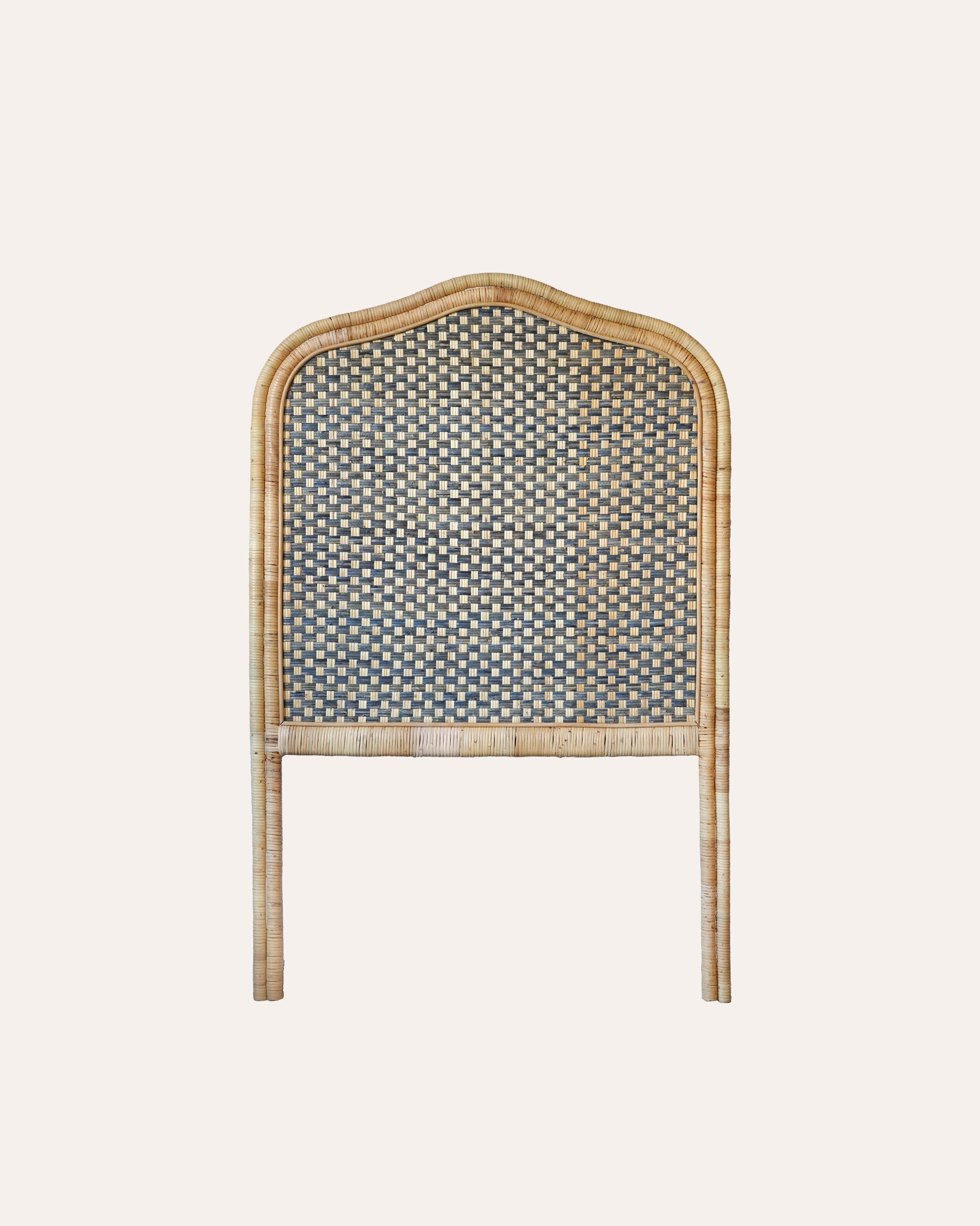 Woven rattan blue single headboard with geometric pattern on a white background