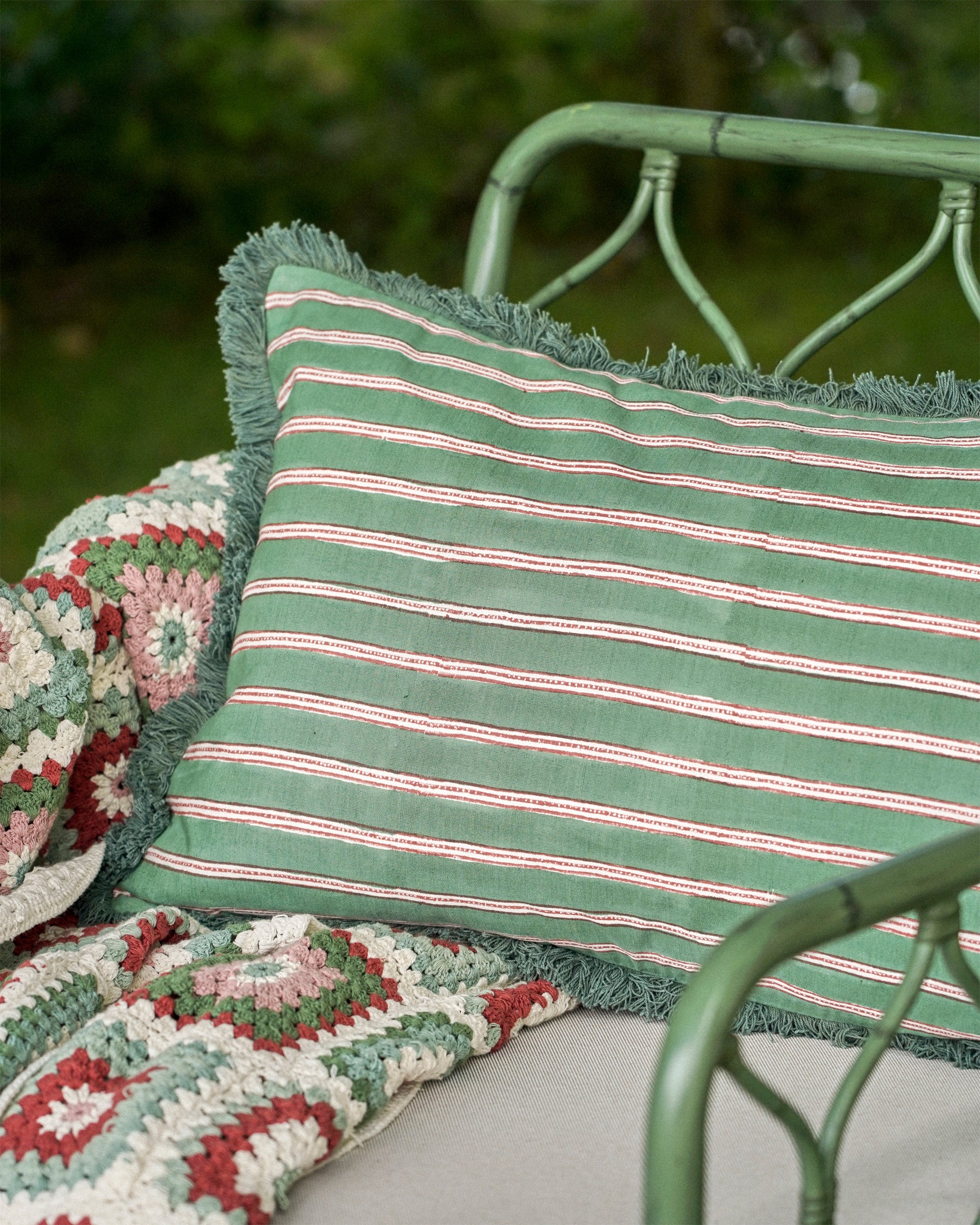 Edo Stripe Cushion - Moss Green and Pink