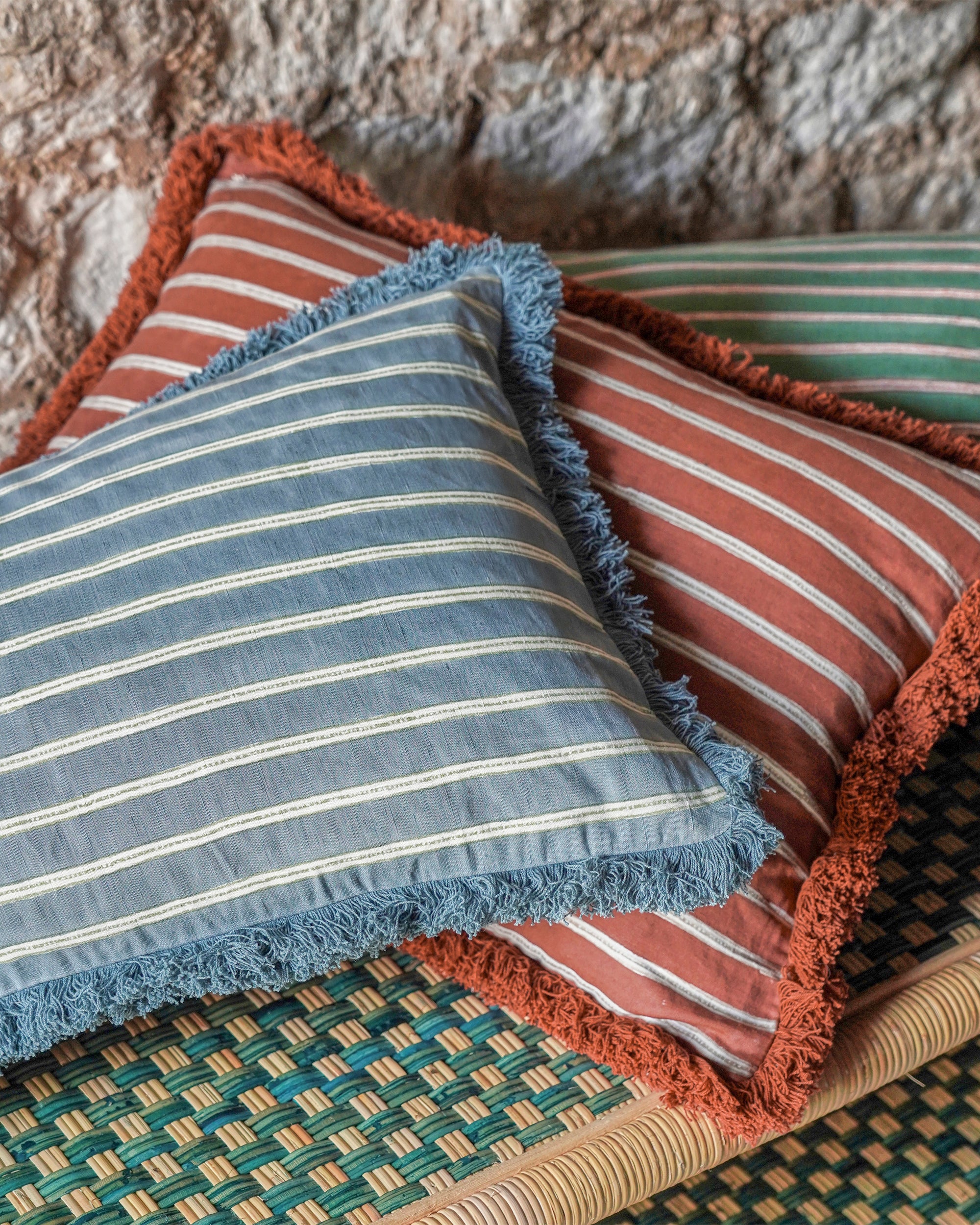Edo Stripe Cushion - Blue and Sage Green