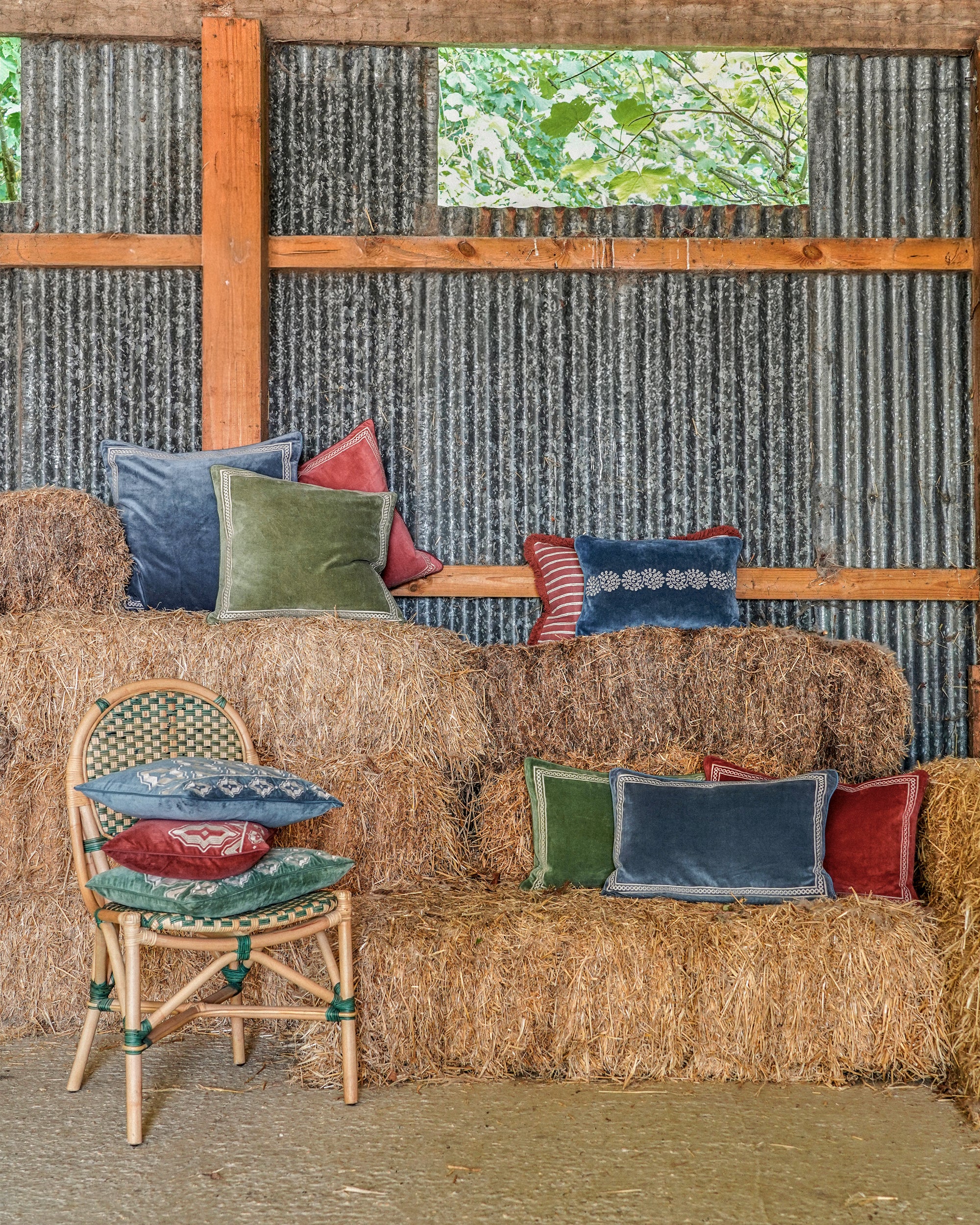 Shisho Embroidered Velvet Cushion - Forest Green