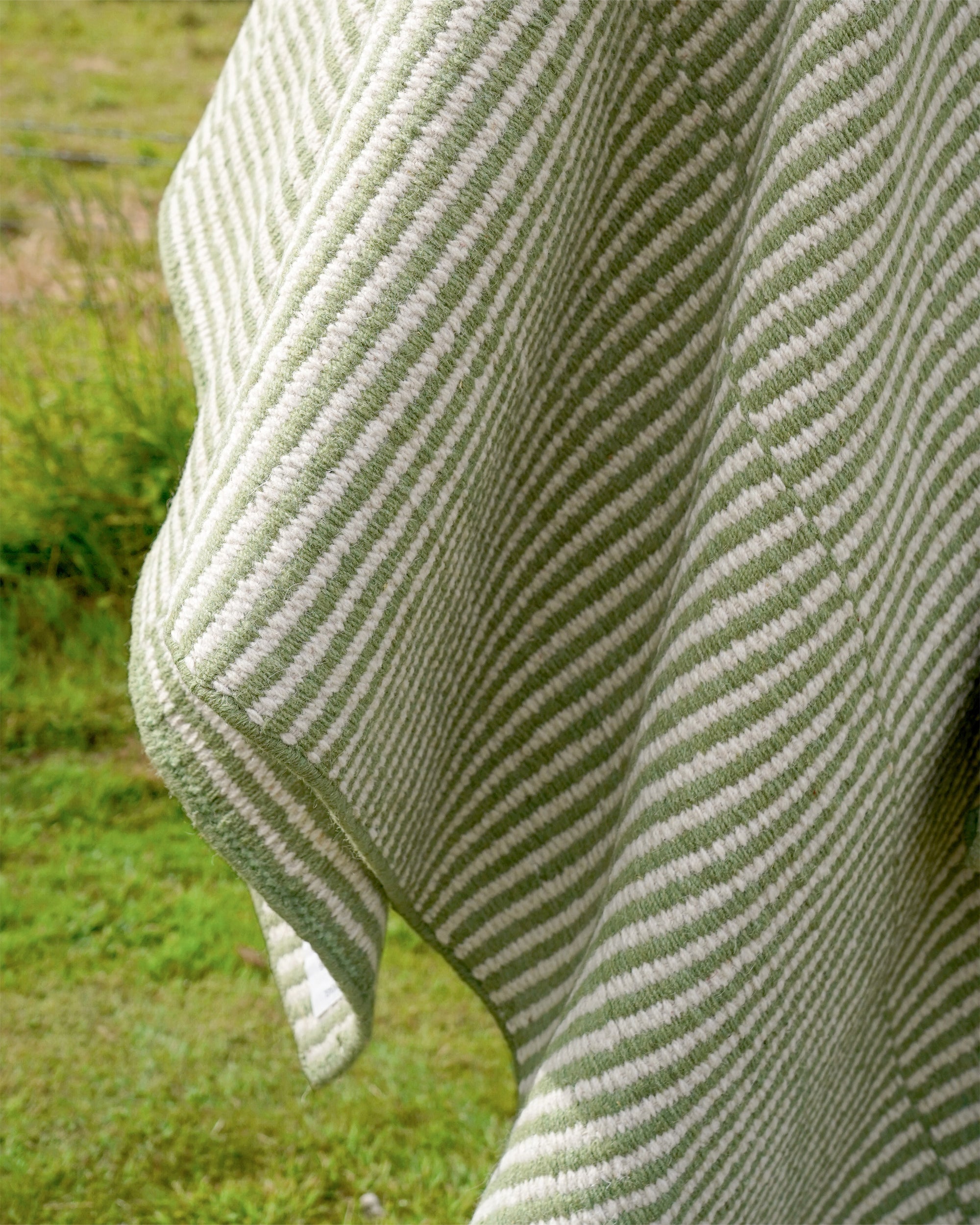 Close-up of a green and white striped rug with a blurred natural background